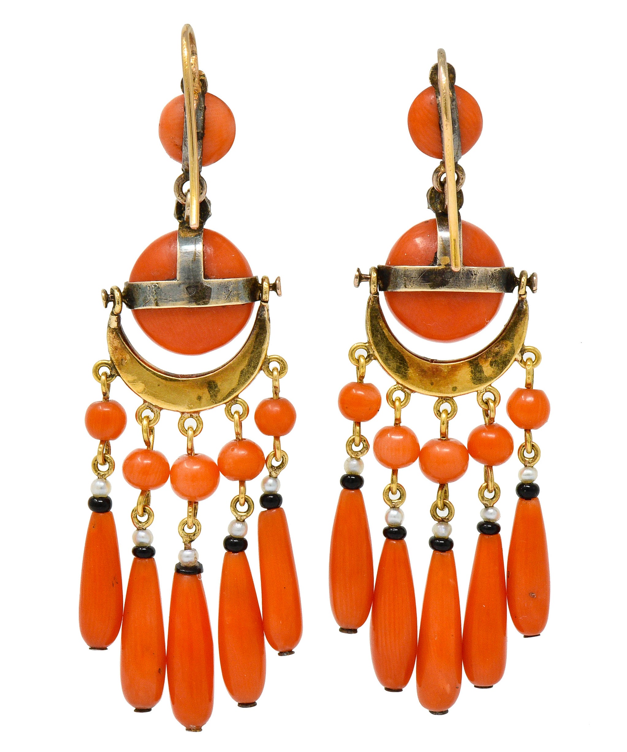 Victorian Etruscan Revival Coral Pearl Onyx 18 Karat Gold Chandelier Earrings - Wilson's Estate Jewelry