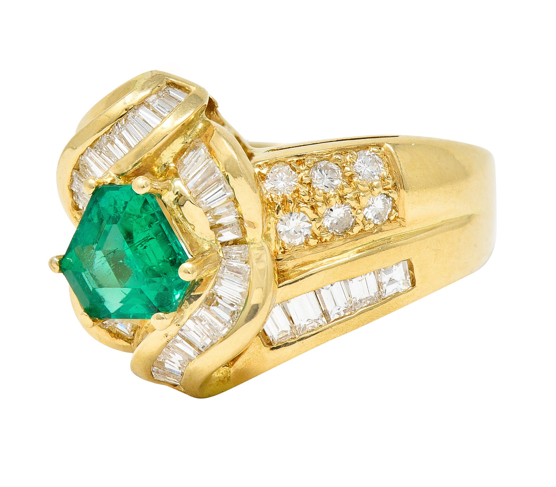 1980's Vintage 2.09 CTW Colombian Emerald Diamond 18 Karat Yellow Gold Knot Ring GIA Wilson's Antique & Estate Jewelry