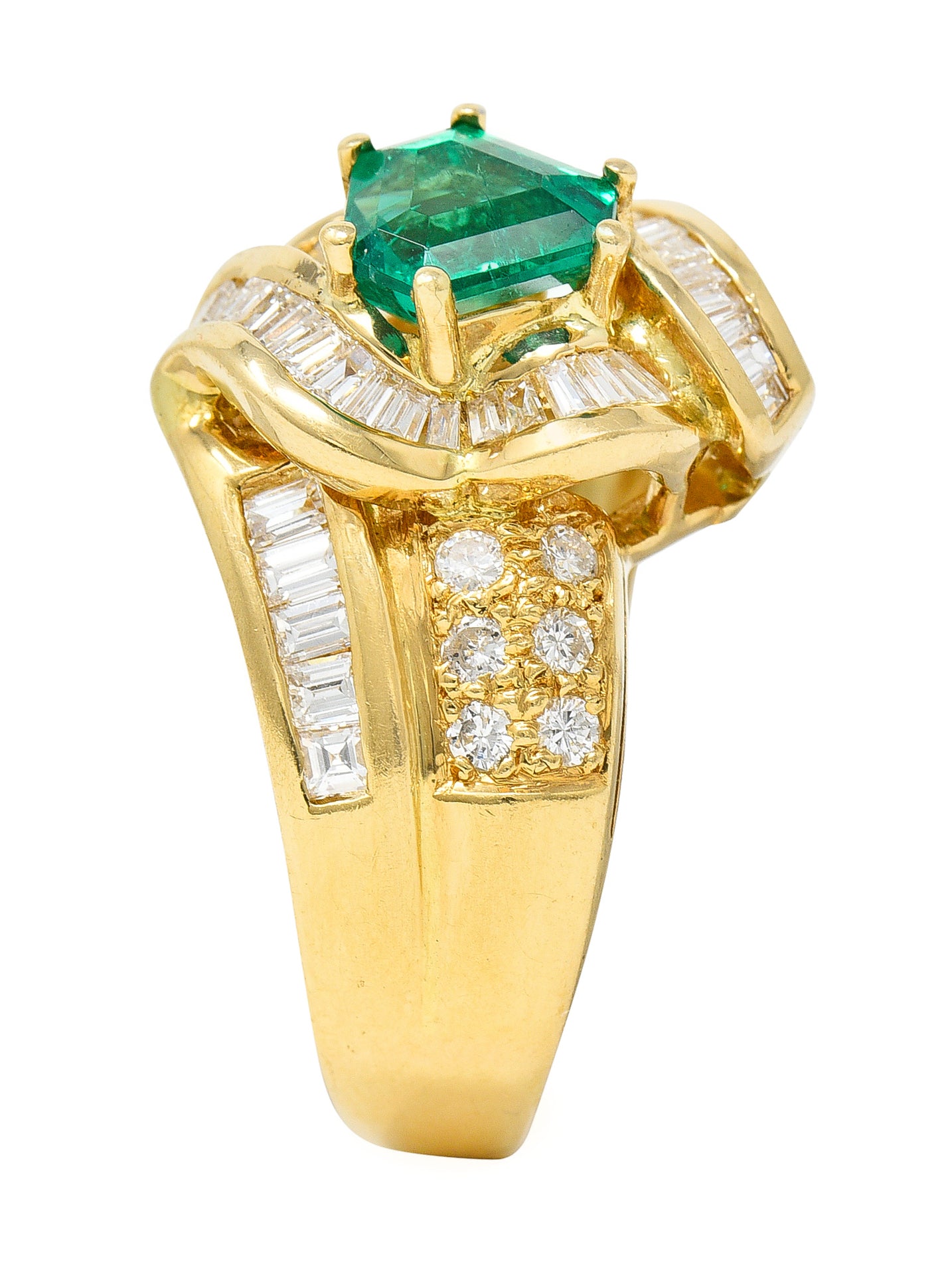 1980's Vintage 2.09 CTW Colombian Emerald Diamond 18 Karat Yellow Gold Knot Ring GIA Wilson's Antique & Estate Jewelry