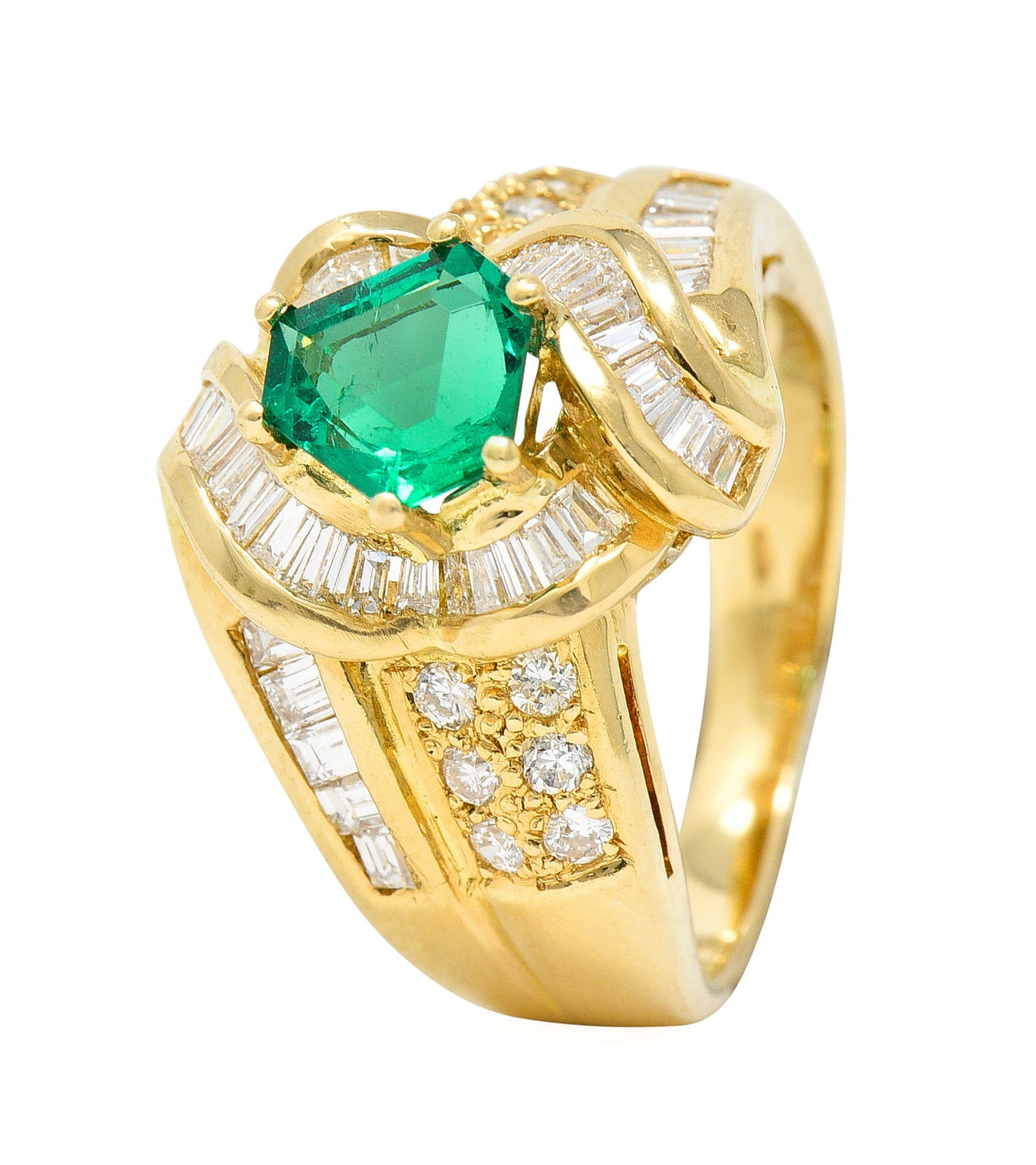 1980's Vintage 2.09 CTW Colombian Emerald Diamond 18 Karat Yellow Gold Knot Ring GIA Wilson's Antique & Estate Jewelry