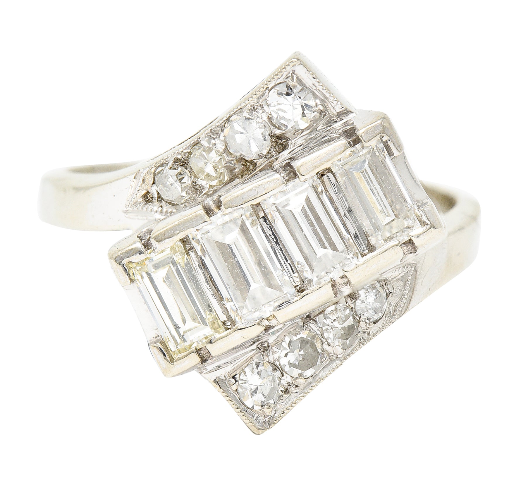 Art Deco 1.00 CTW Diamond 14 Karat White Gold Vintage Bypass Ring Wilson's Estate Jewelry