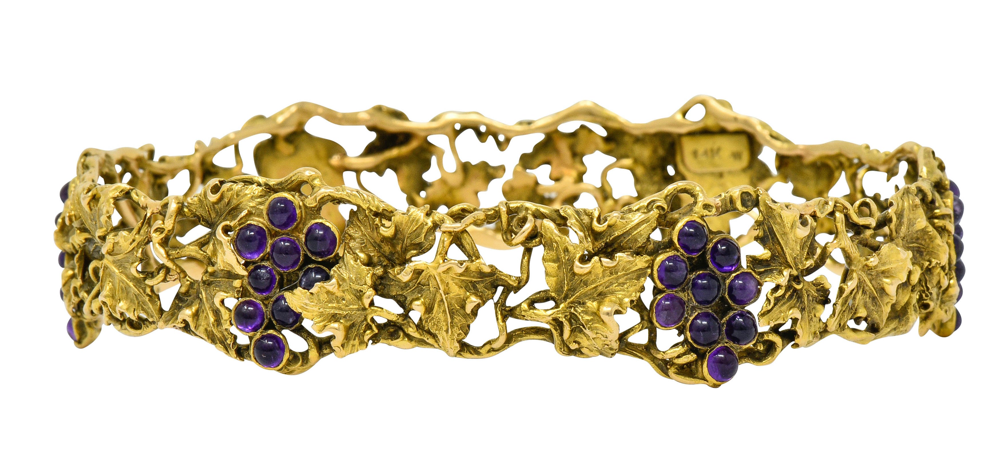 c.11111 *Arts & Crafts Amethyst 14 Karat Gold Grape Cluster Vine Bangle Bracelet - Wilson's Estate Jewelry