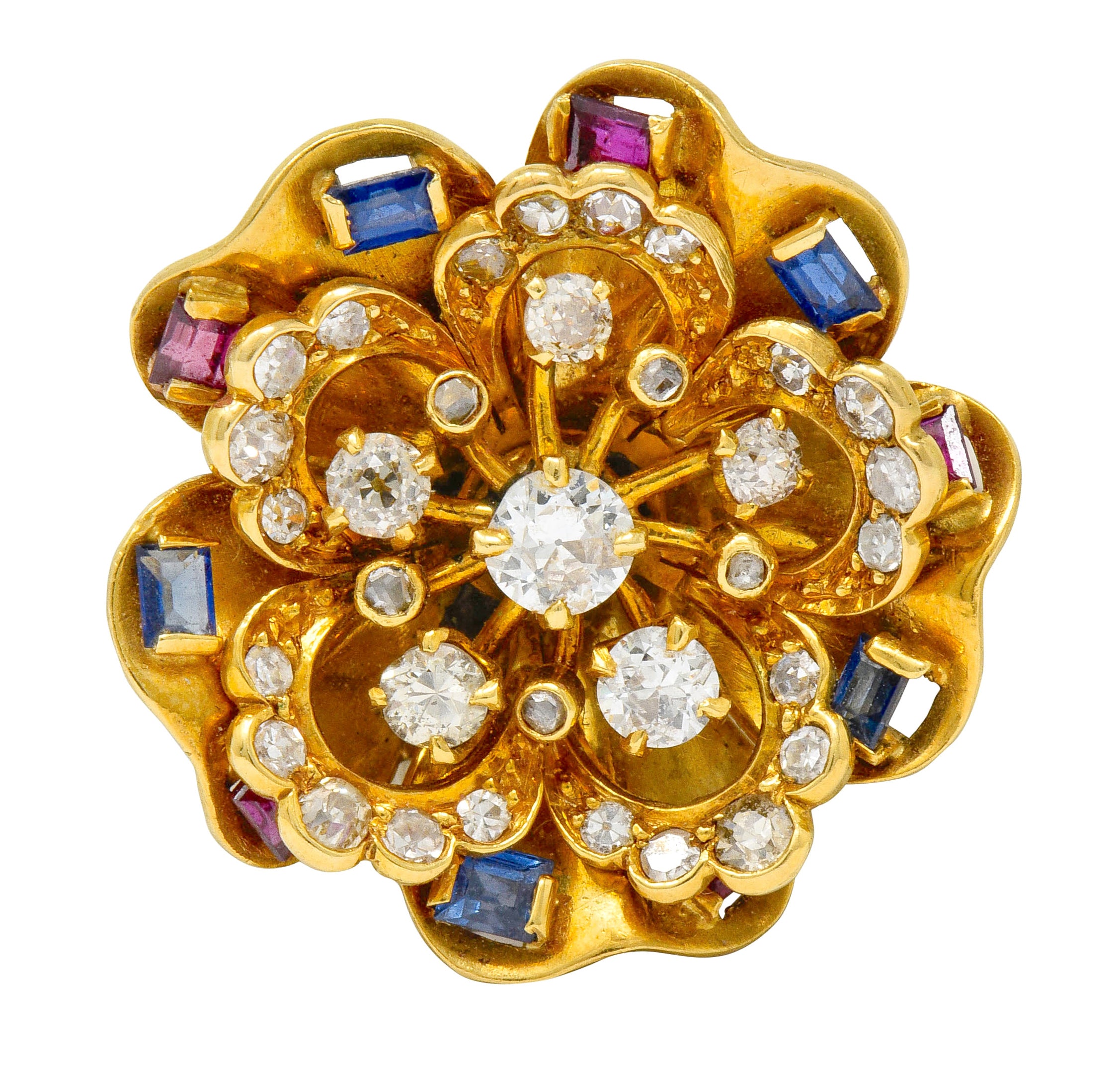 Retro 2.45 CTW Diamond Sapphire Ruby 18 Karat Gold Cluster Flower Brooch - Wilson's Estate Jewelry