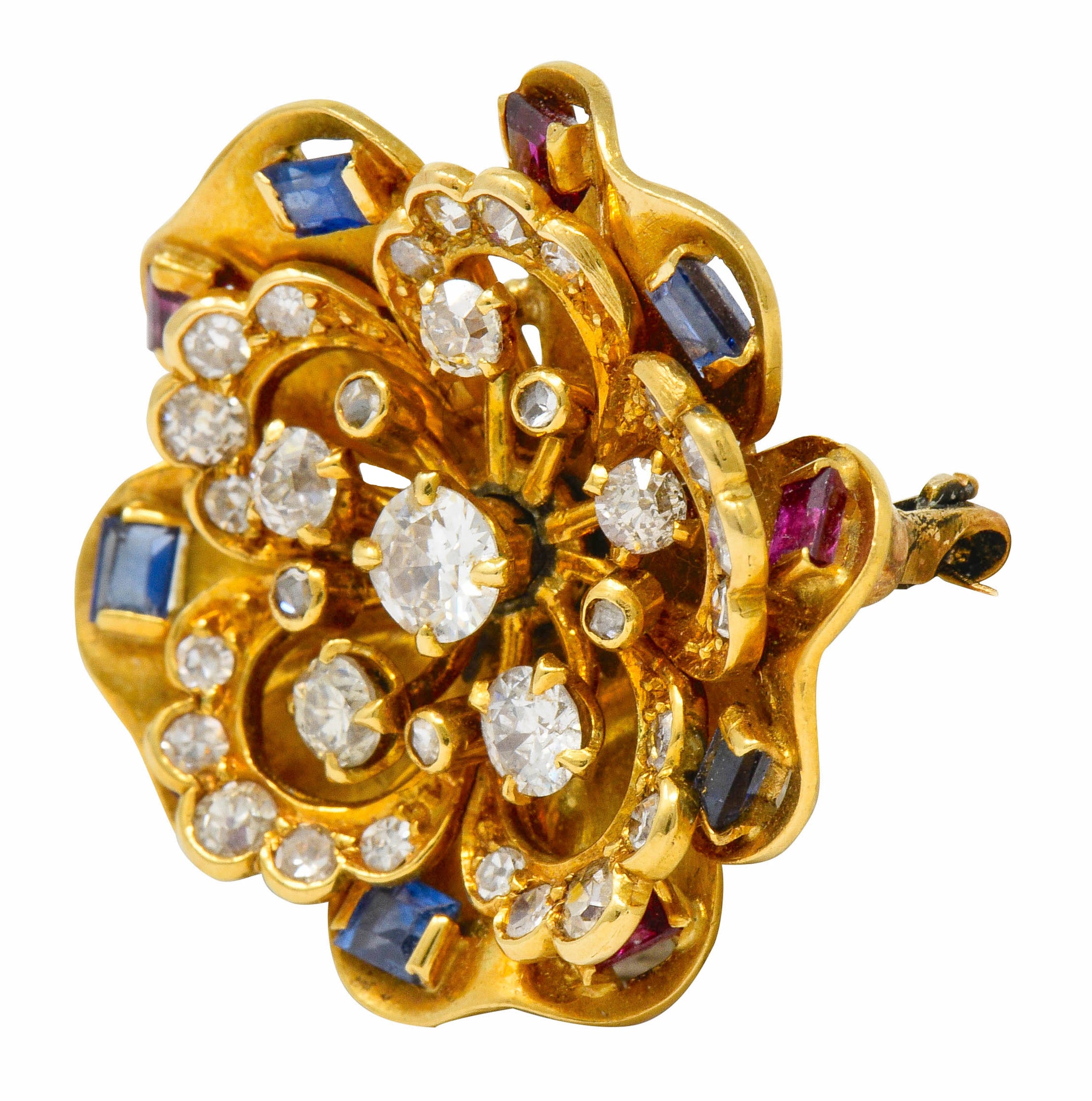 Retro 2.45 CTW Diamond Sapphire Ruby 18 Karat Gold Cluster Flower Brooch - Wilson's Estate Jewelry