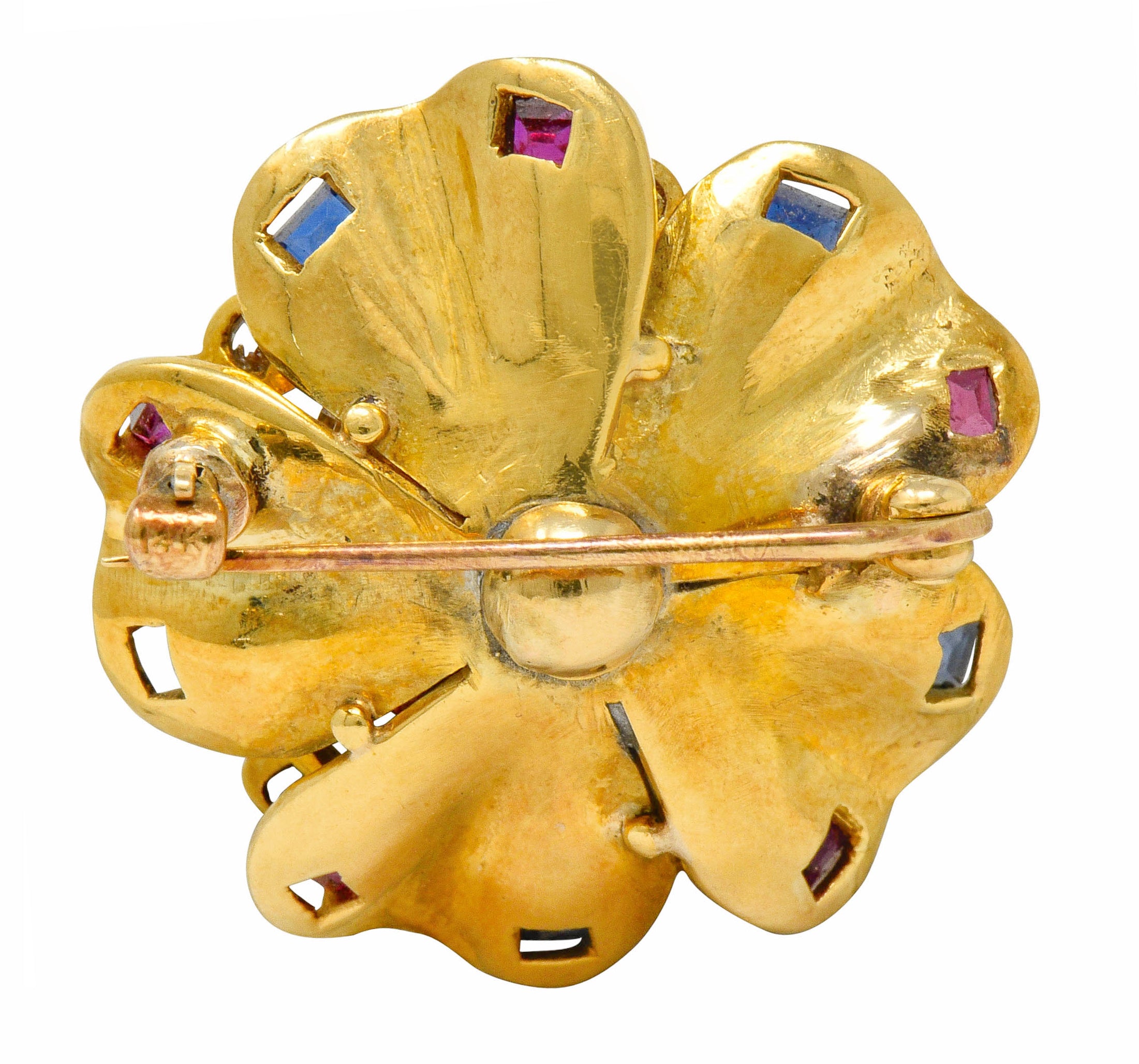 Retro 2.45 CTW Diamond Sapphire Ruby 18 Karat Gold Cluster Flower Brooch - Wilson's Estate Jewelry