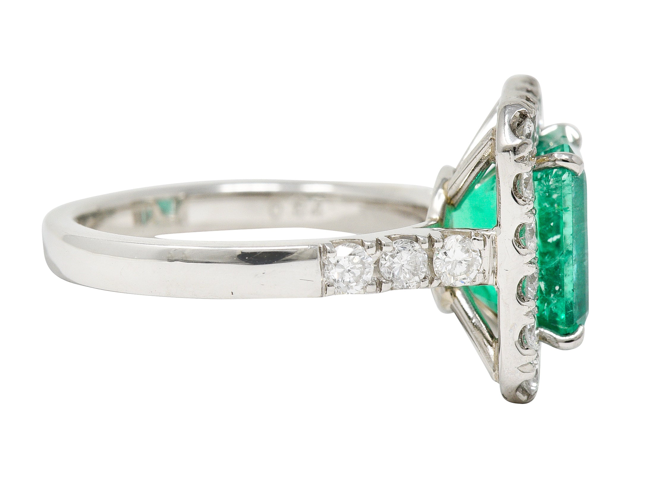 Contemporary 3.50 CTW Colombian Emerald Diamond Platinum Halo Ring GIA Wilson's Estate Jewelry