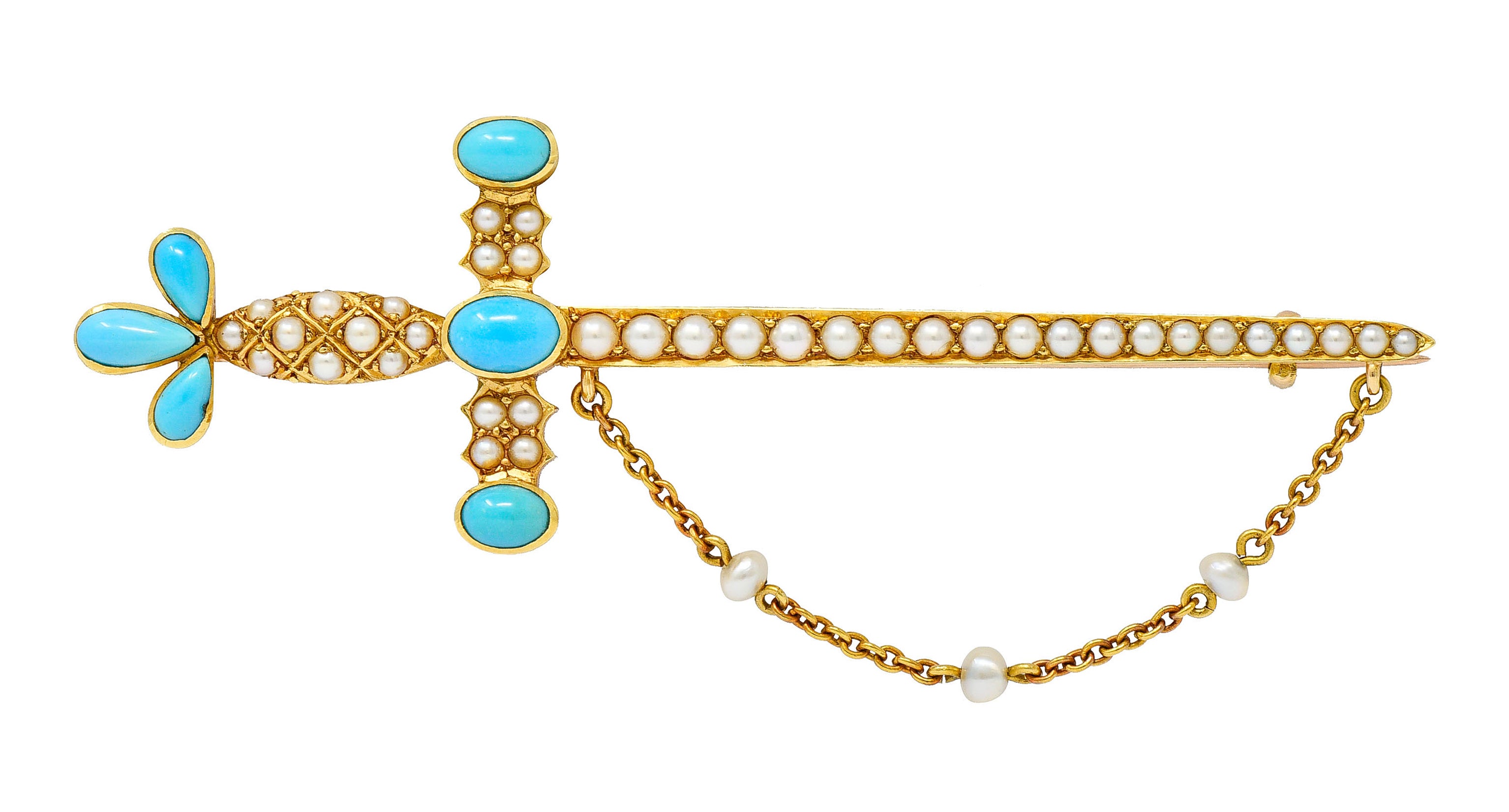 Victorian Natural Freshwater Pearl Turquoise 18 Karat Gold Sword Brooch Circa 1890Brooch - Wilson's Estate Jewelry