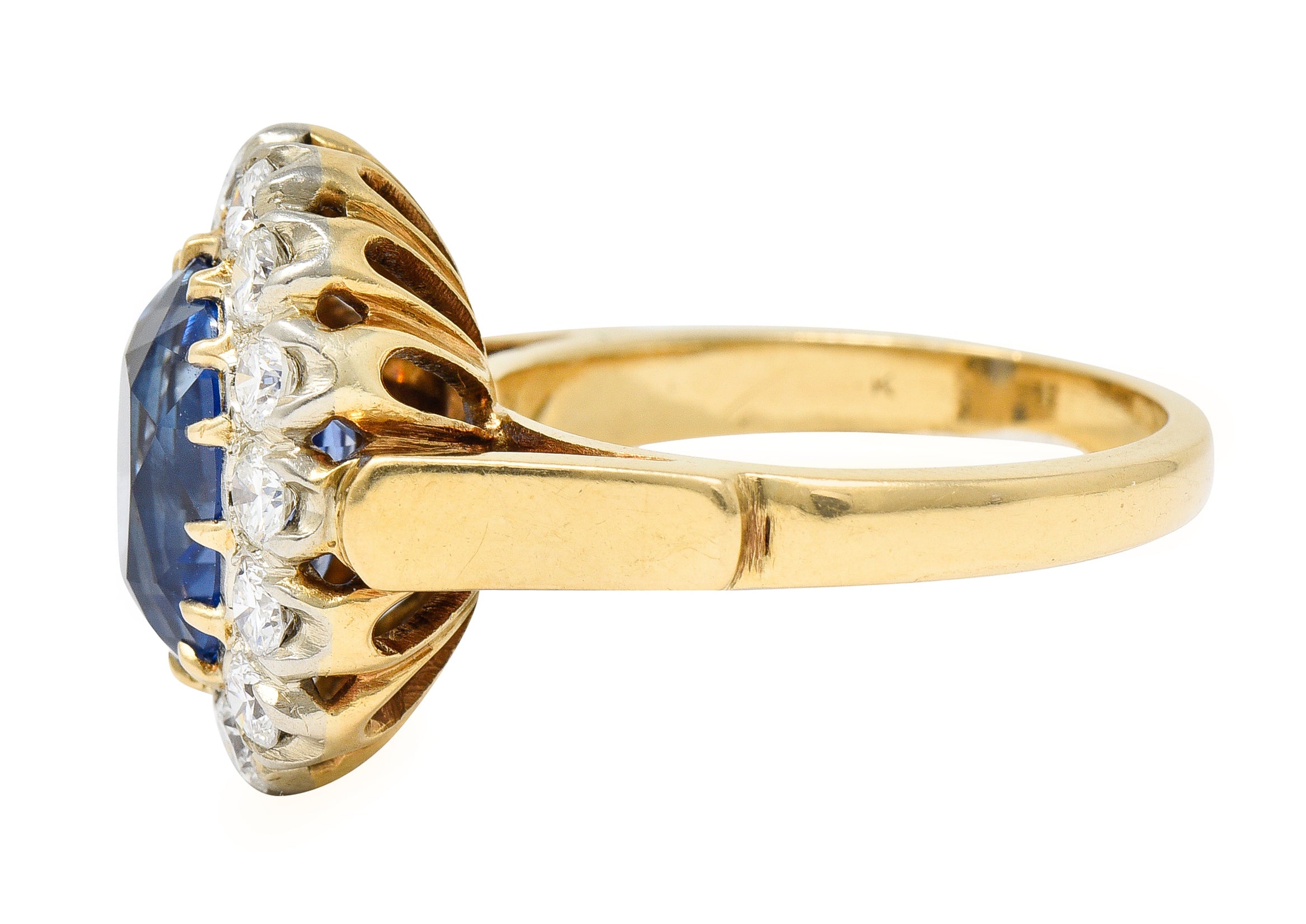 1960's 6.03 CTW Oval Cut Ceylon Sapphire Diamond Platinum-Topped 14 Karat Yellow Gold Vintage Halo Ring GIA Wilson's Estate Jewelry