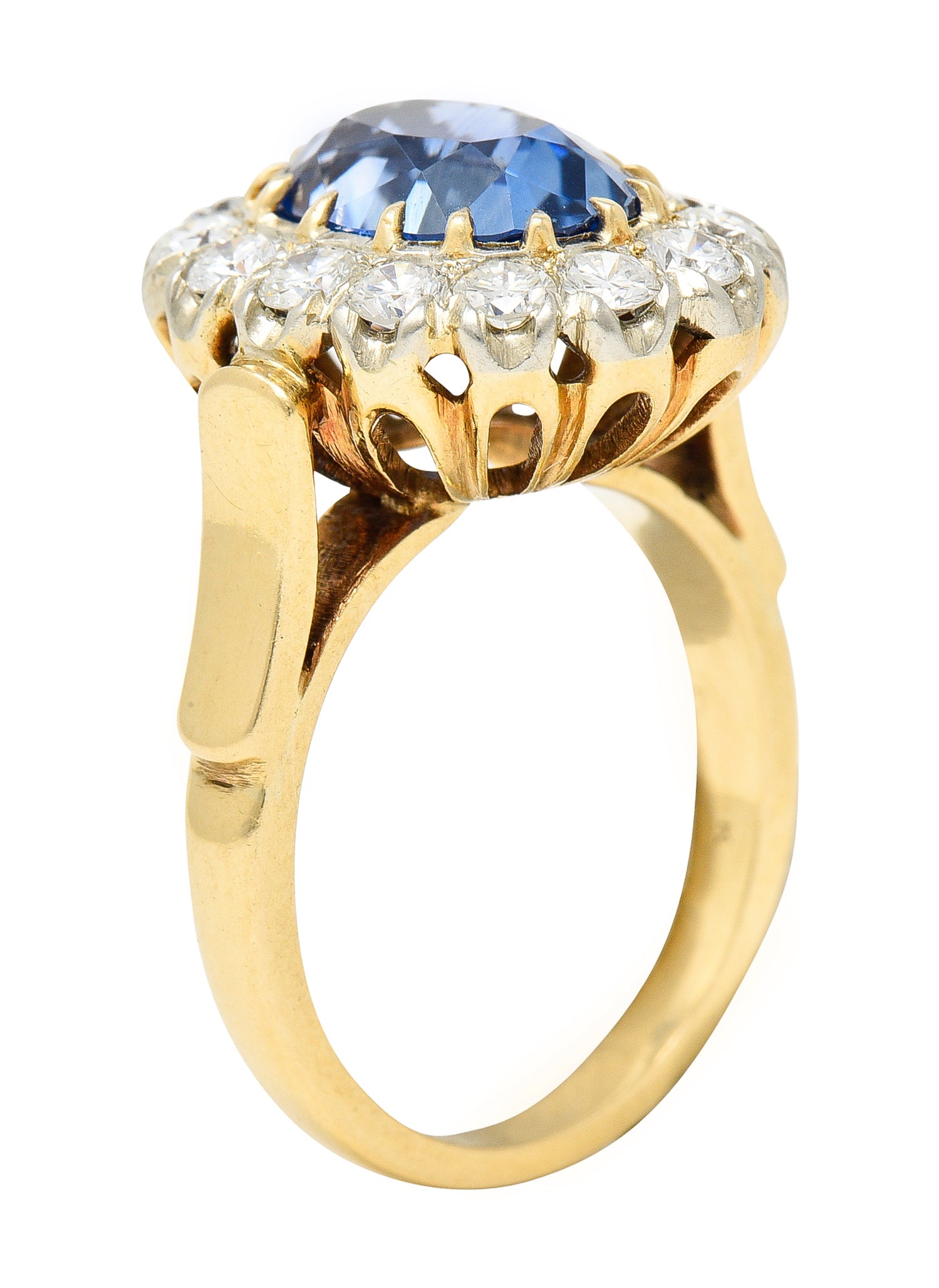 1960's 6.03 CTW Oval Cut Ceylon Sapphire Diamond Platinum-Topped 14 Karat Yellow Gold Vintage Halo Ring GIA Wilson's Estate Jewelry