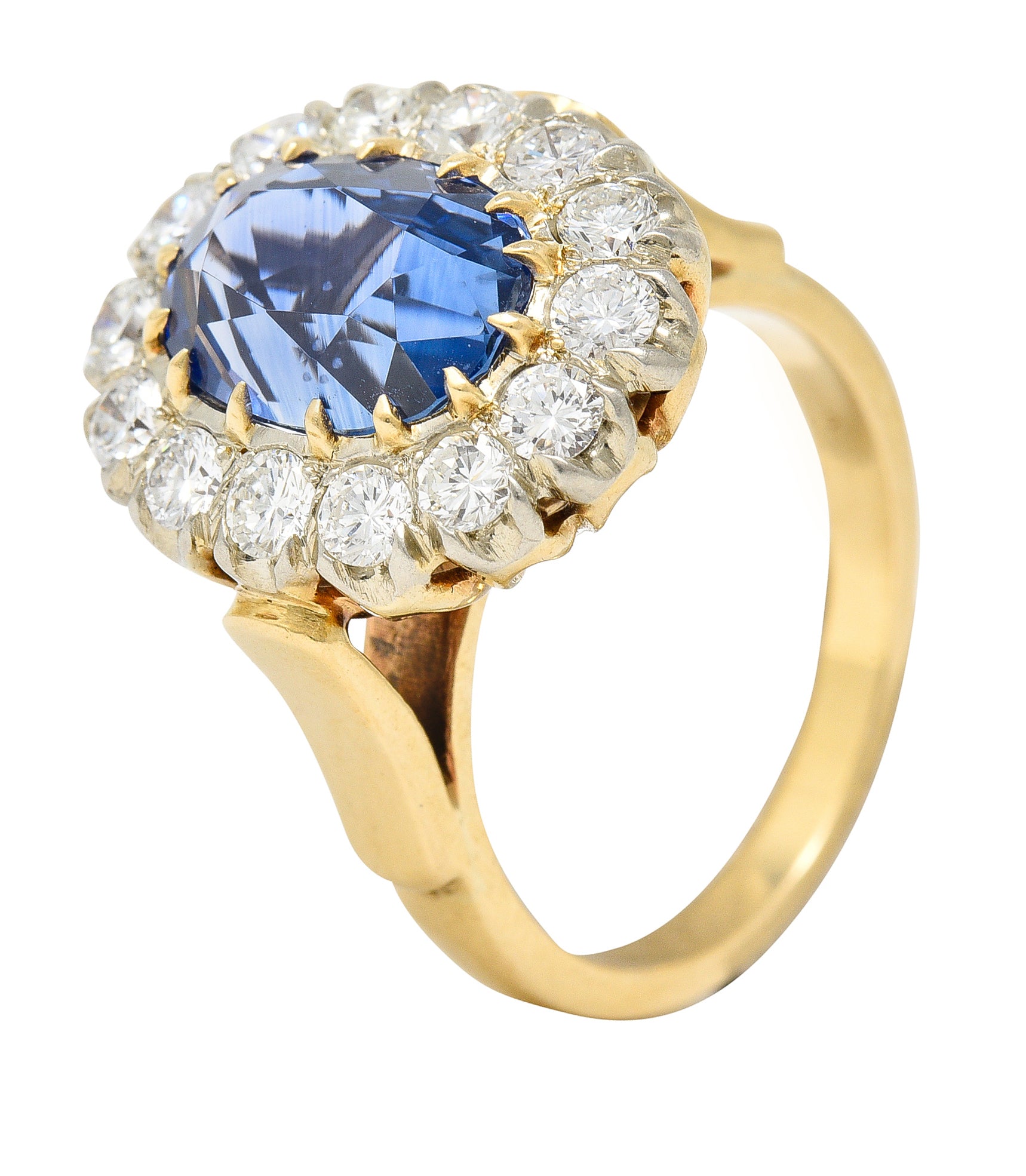 1960's 6.03 CTW Oval Cut Ceylon Sapphire Diamond Platinum-Topped 14 Karat Yellow Gold Vintage Halo Ring GIA Wilson's Estate Jewelry