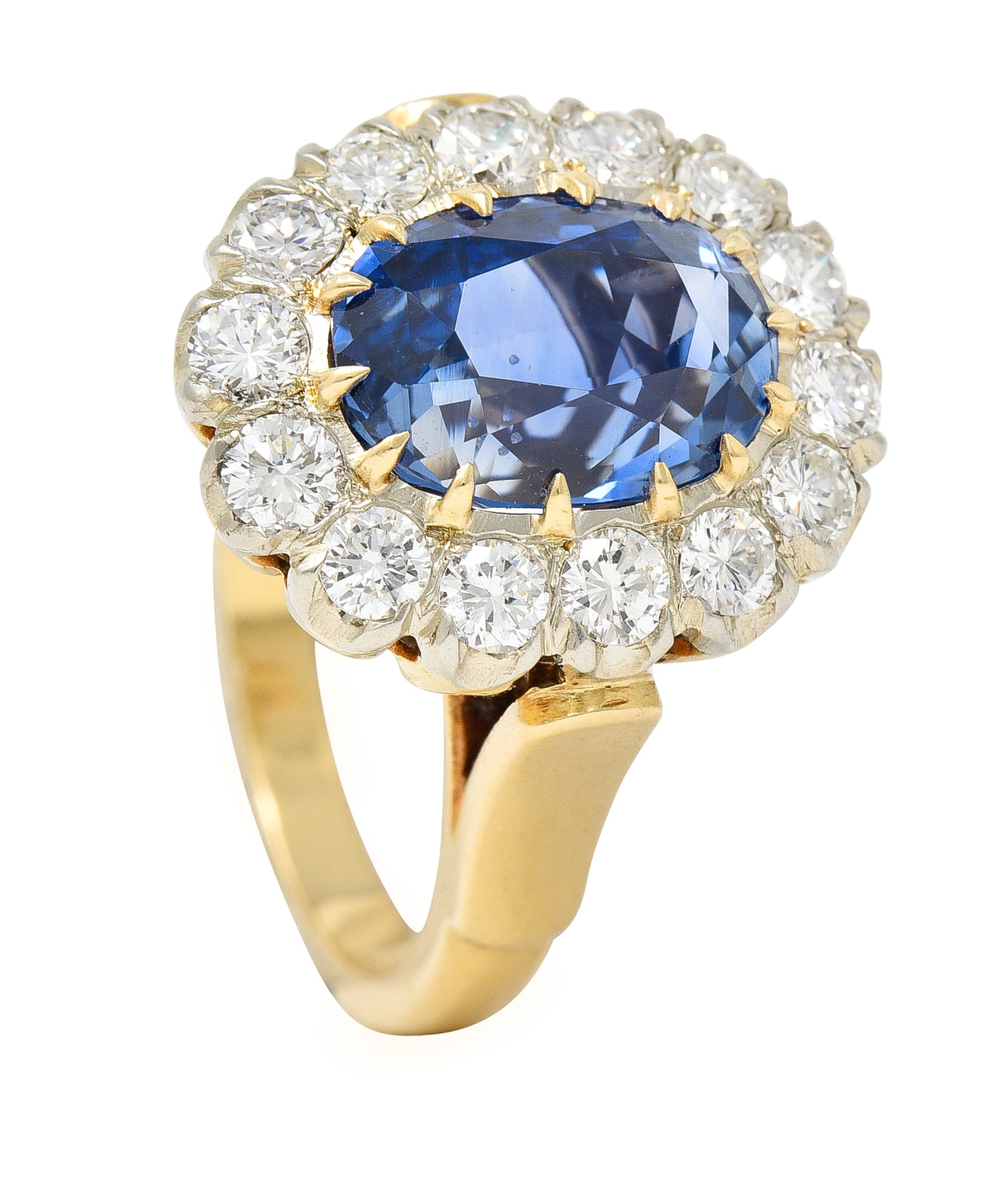 1960's 6.03 CTW Oval Cut Ceylon Sapphire Diamond Platinum-Topped 14 Karat Yellow Gold Vintage Halo Ring GIA Wilson's Estate Jewelry