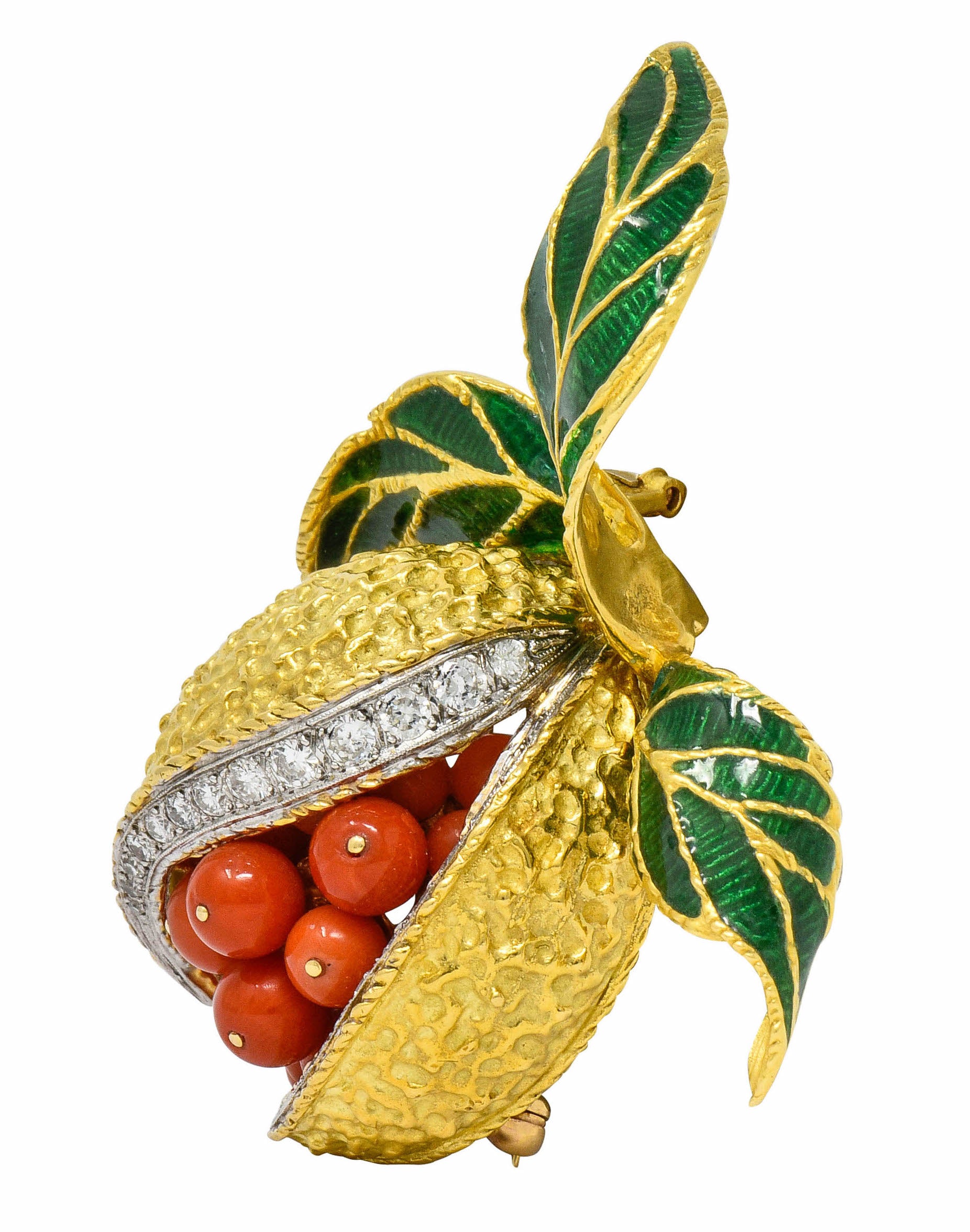 1960's Vintage Diamond Coral Enamel 18 Karat Gold Pomegranate Brooch - Wilson's Estate Jewelry