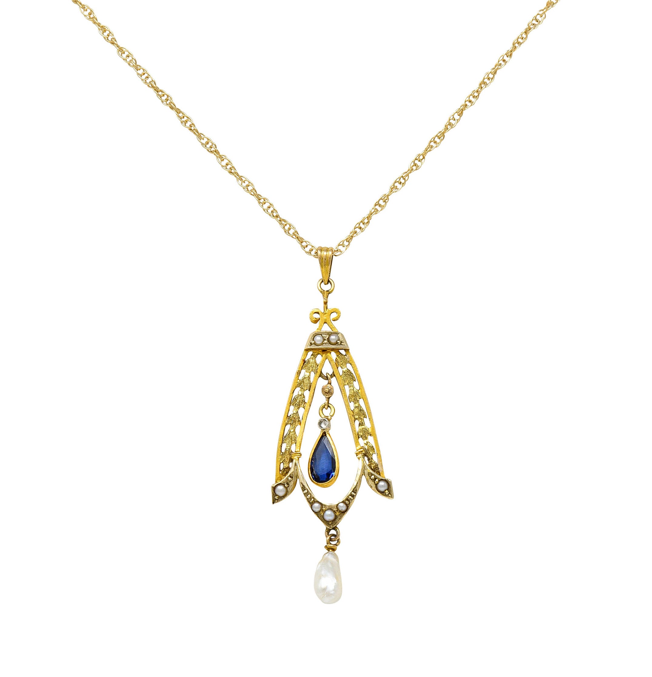 Art Nouveau Sapphire Pearl 14 Karat Two-Tone Gold Laurel Pendant NecklaceNecklace - Wilson's Estate Jewelry