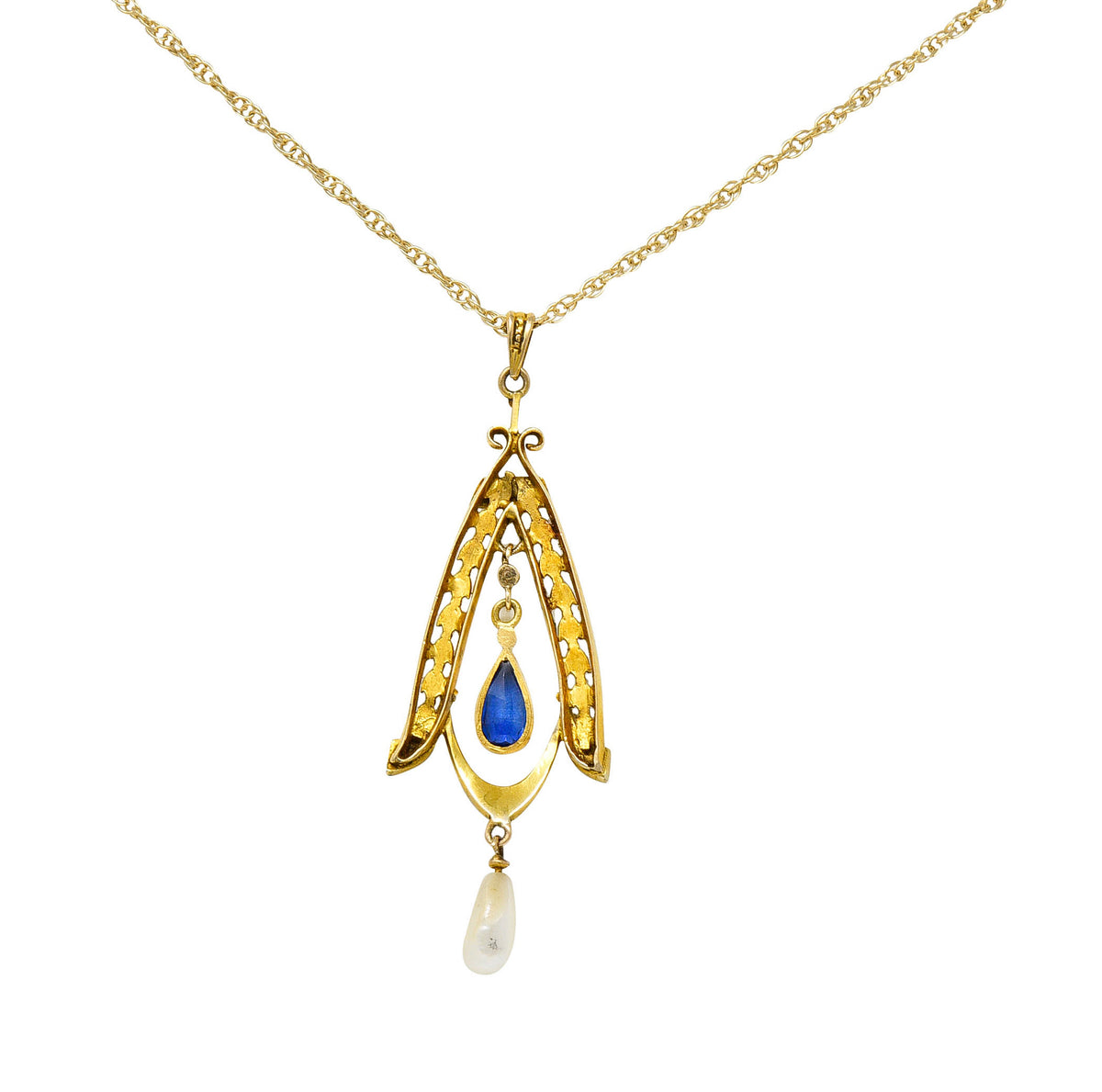 Art Nouveau Sapphire Pearl 14 Karat Two-Tone Gold Laurel Pendant NecklaceNecklace - Wilson's Estate Jewelry