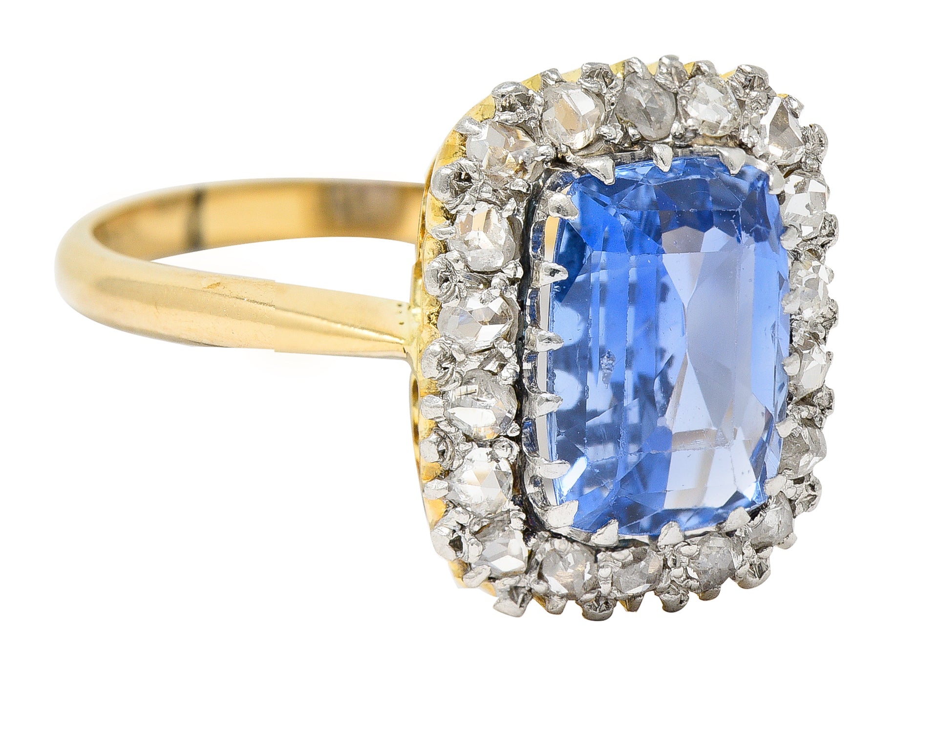 Edwardian 3.47 CTW Cushion Cut No Heat Ceylon Sapphire Diamond Platinum-Topped 18 Karat Yellow Gold Antique Halo Ring GIA Wilson's Estate Jewelry