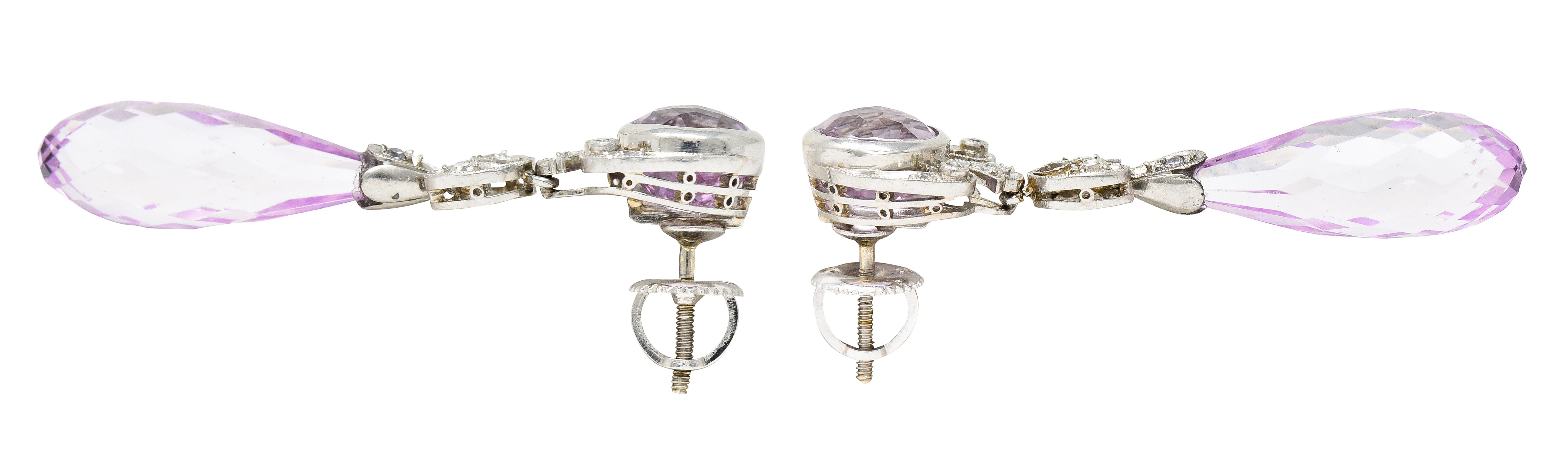 Edwardian Kunzite Diamond Platinum Antique Gemstone Drop Earrings Wilson's Estate Jewelry