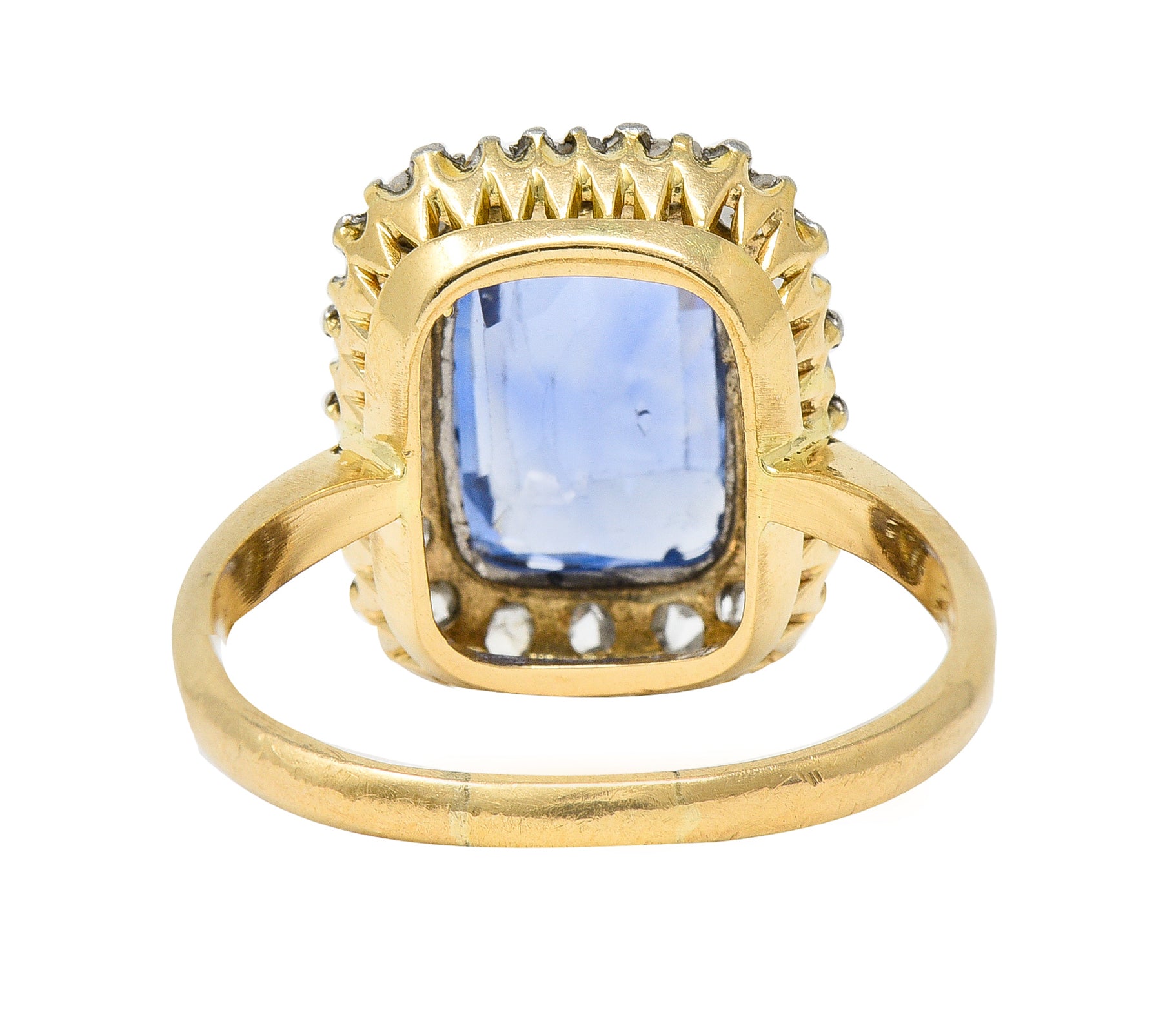 Edwardian 3.47 CTW Cushion Cut No Heat Ceylon Sapphire Diamond Platinum-Topped 18 Karat Yellow Gold Antique Halo Ring GIA Wilson's Estate Jewelry