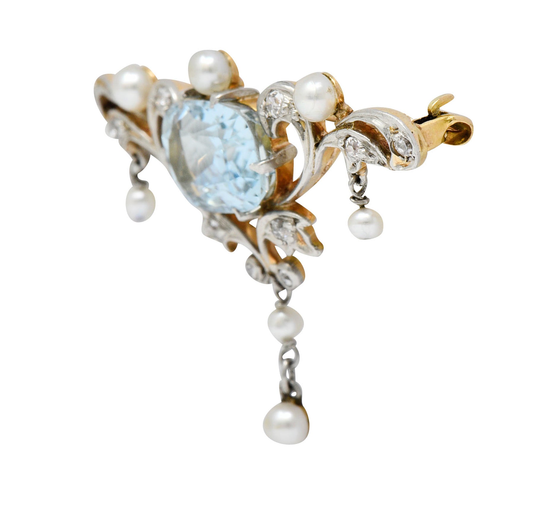 Edwardian Aquamarine Diamond Pearl Platinum-Topped 14 Karat Gold BroochBrooch - Wilson's Estate Jewelry