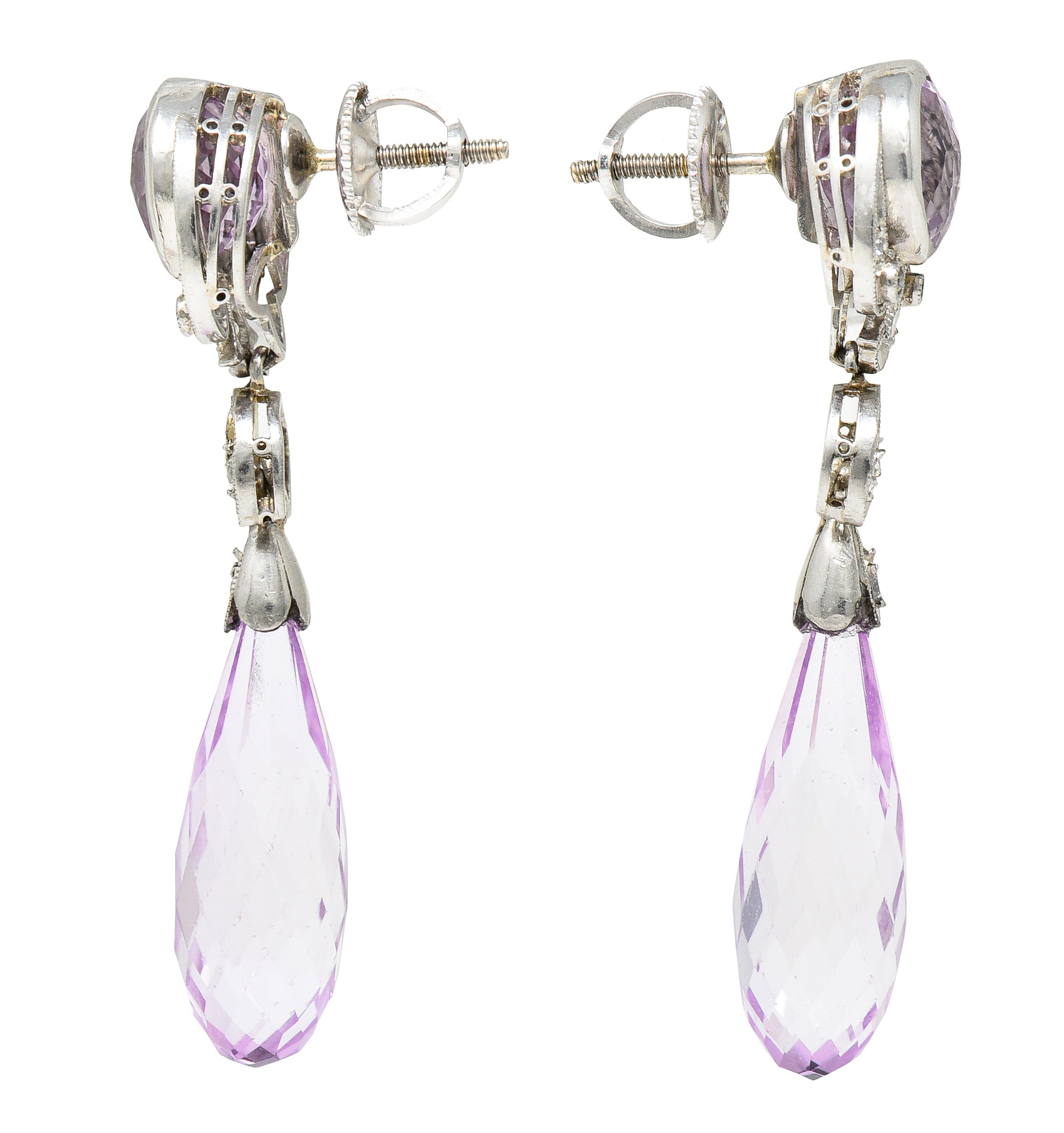 Edwardian Kunzite Diamond Platinum Antique Gemstone Drop Earrings Wilson's Estate Jewelry