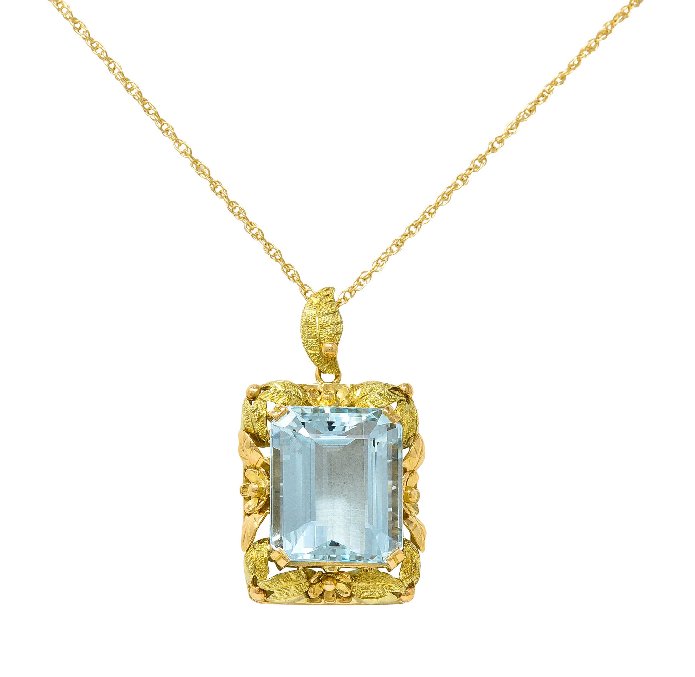 Art Nouveau 20.95 CTW Aquamarine 18 Karat Tri-Colored Gold Floral Pendant NecklaceNecklace - Wilson's Estate Jewelry