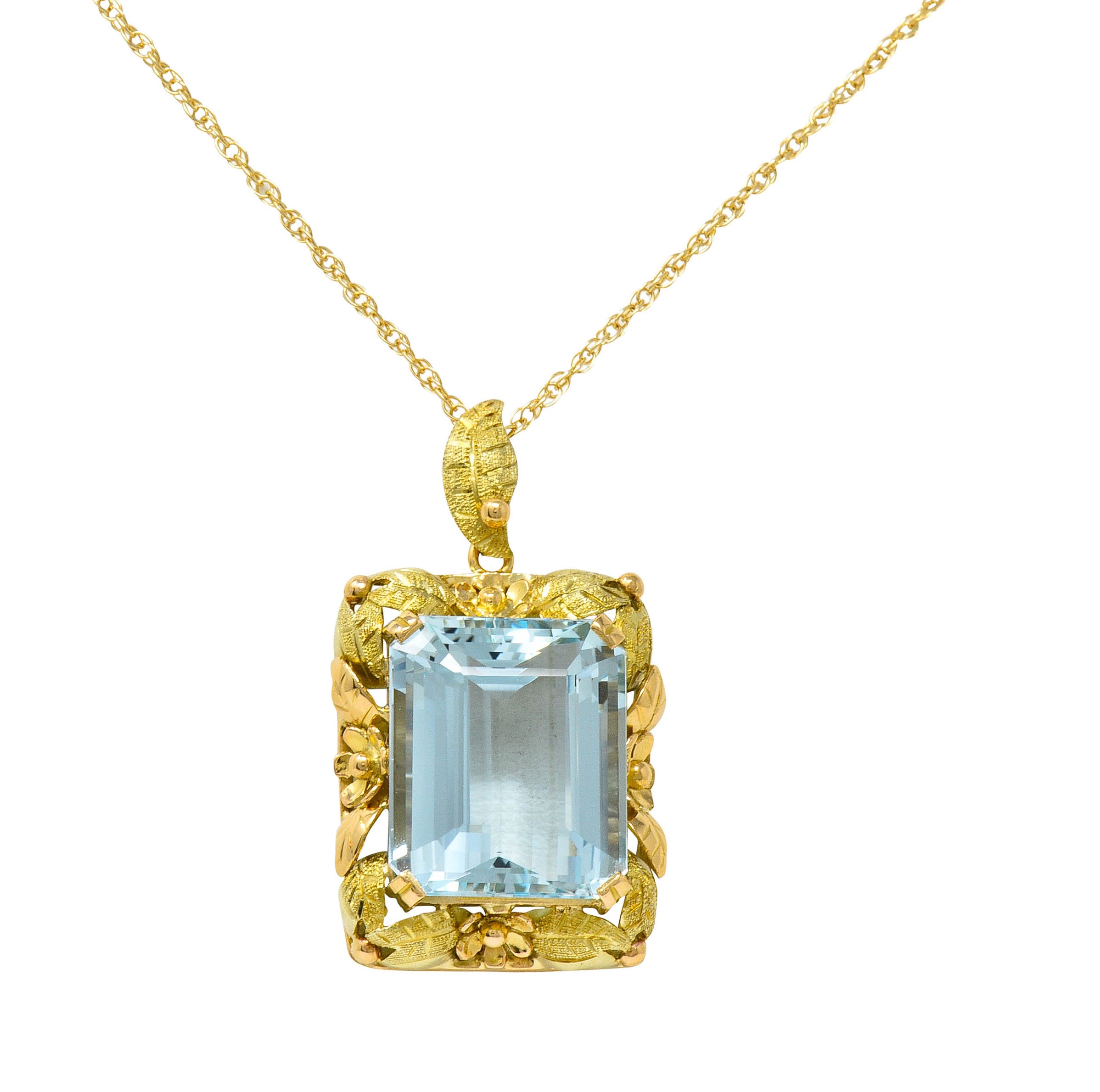 Art Nouveau 20.95 CTW Aquamarine 18 Karat Tri-Colored Gold Floral Pendant NecklaceNecklace - Wilson's Estate Jewelry