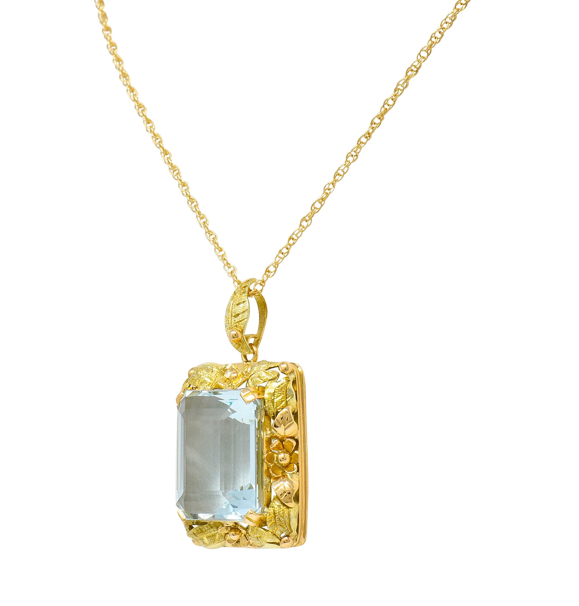 Art Nouveau 20.95 CTW Aquamarine 18 Karat Tri-Colored Gold Floral Pendant NecklaceNecklace - Wilson's Estate Jewelry