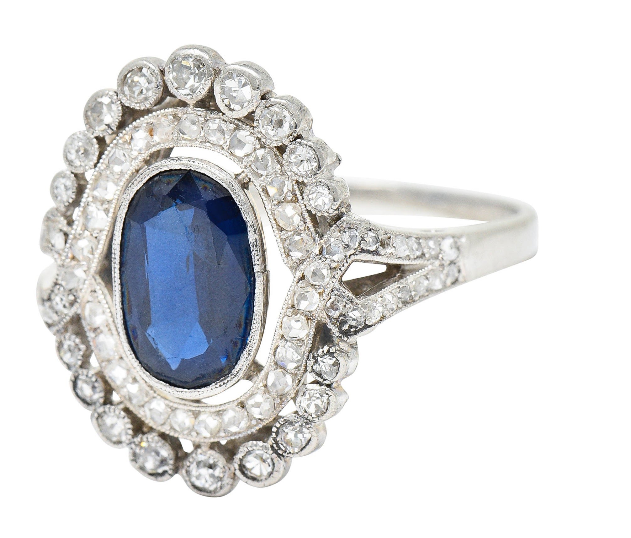 Edwardian 2.70 CTW Sapphire Diamond Double Halo Cluster RingRing - Wilson's Estate Jewelry