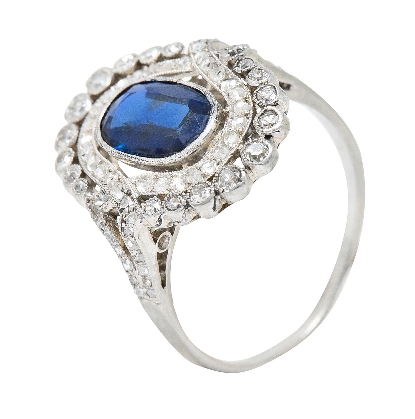 Edwardian 2.70 CTW Sapphire Diamond Double Halo Cluster RingRing - Wilson's Estate Jewelry