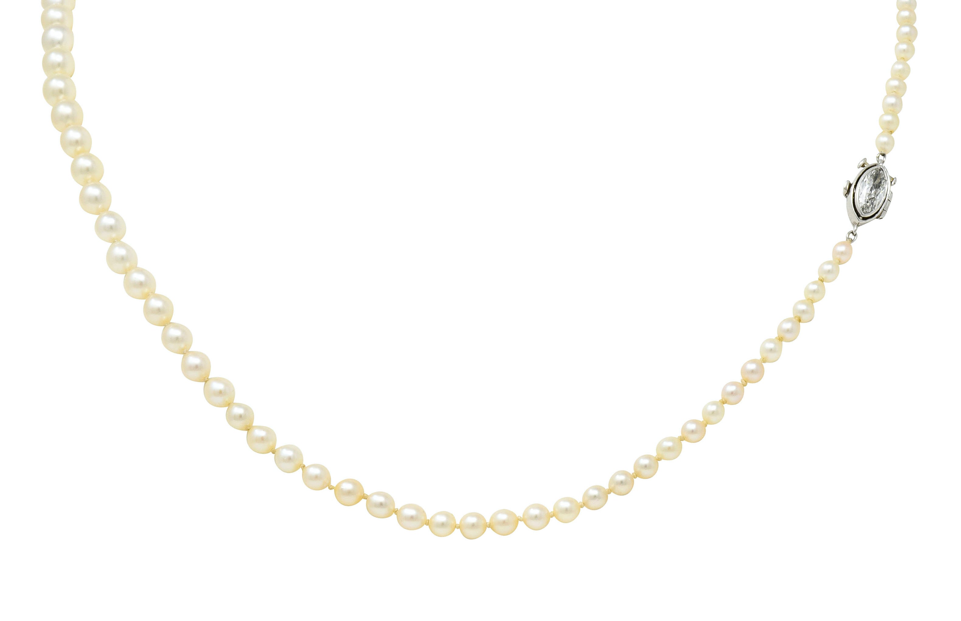 Vintage Marquise Diamond Platinum Graduated Pearl Strand Necklace - Wilson's Estate Jewelry