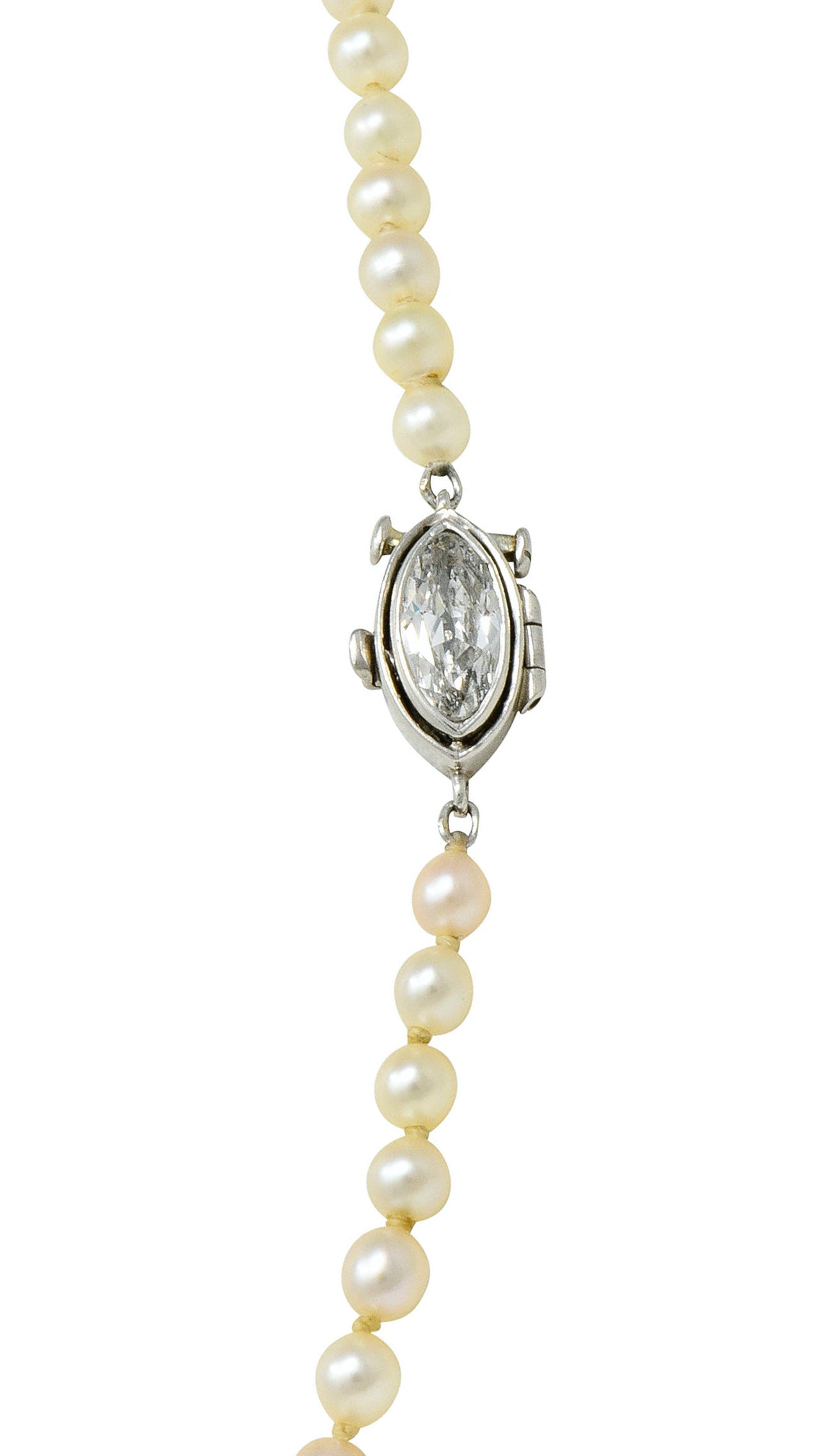 Vintage Marquise Diamond Platinum Graduated Pearl Strand Necklace - Wilson's Estate Jewelry