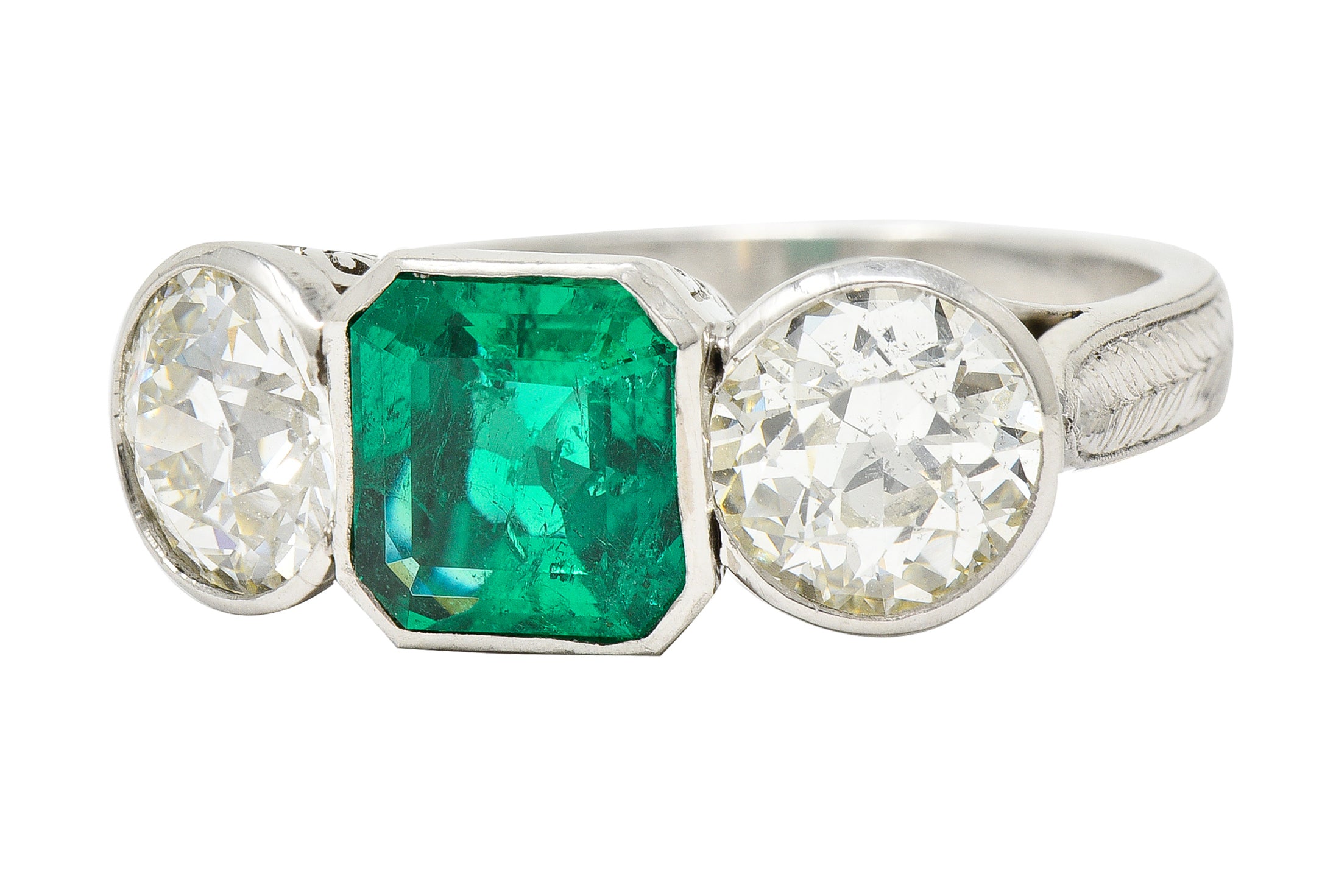 Art Deco 5.02 CTW Colombian Emerald Old European Cut Diamond Platinum Greek Key Three Stone Ring AGL Wilson's Estate Jewelry