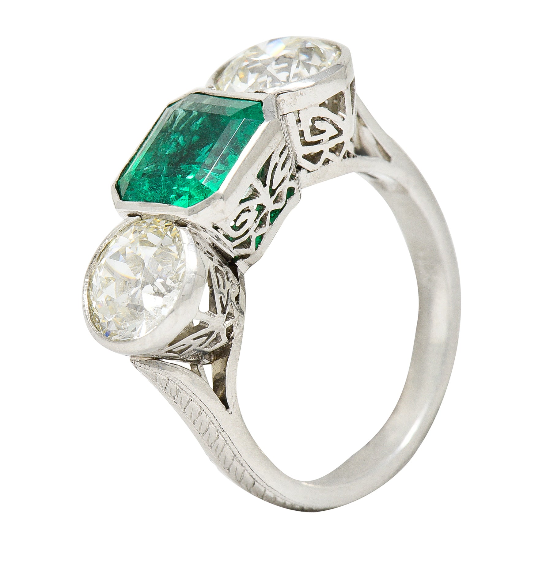 Art Deco 5.02 CTW Colombian Emerald Old European Cut Diamond Platinum Greek Key Three Stone Ring AGL Wilson's Estate Jewelry