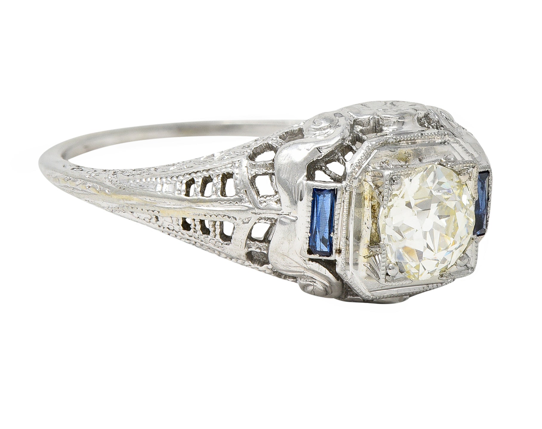 Art Deco 0.71 CTW Diamond Sapphire 18 Karat White Gold Vintage Engagement Ring