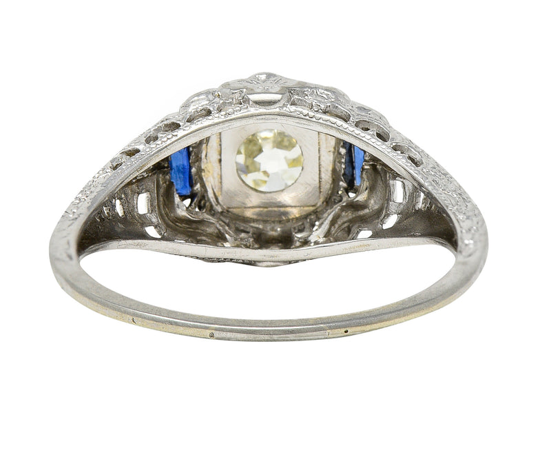 Art Deco 0.71 CTW Diamond Sapphire 18 Karat White Gold Vintage Engagement Ring