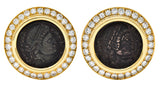 Bulgari 3.00 CTW Diamond Ancient Coin 18 Karat Gold Constantine Monete Ear-Clip Earrings Wilson's Antique & Estate Jewelry