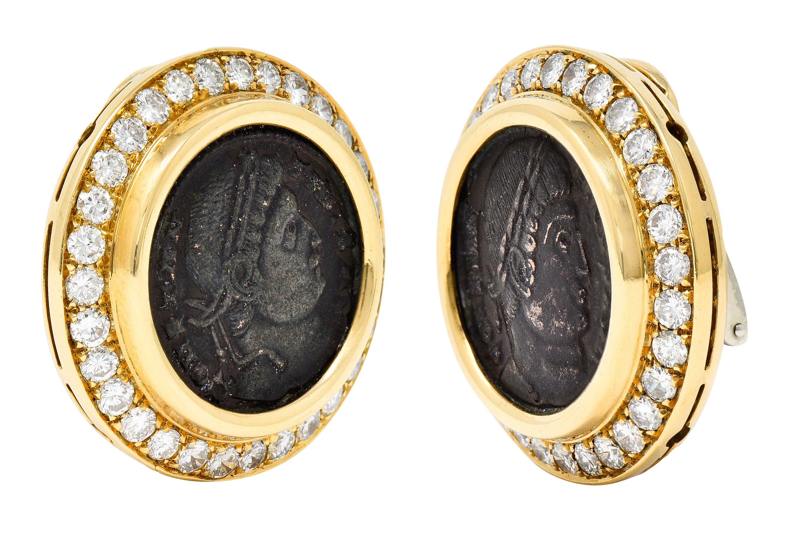 Bulgari 3.00 CTW Diamond Ancient Coin 18 Karat Gold Constantine Monete Ear-Clip Earrings Wilson's Antique & Estate Jewelry