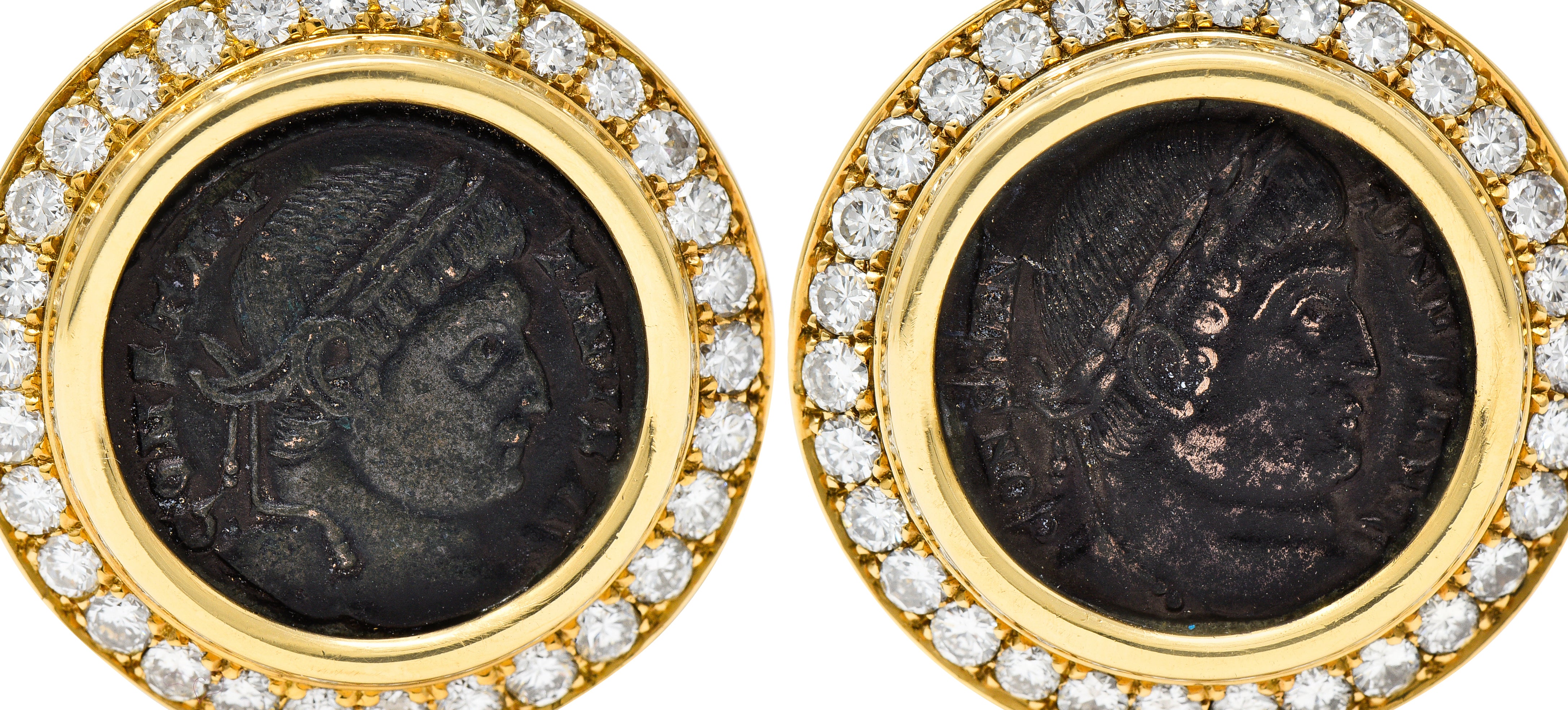 Bulgari 3.00 CTW Diamond Ancient Coin 18 Karat Gold Constantine Monete Ear-Clip Earrings Wilson's Antique & Estate Jewelry