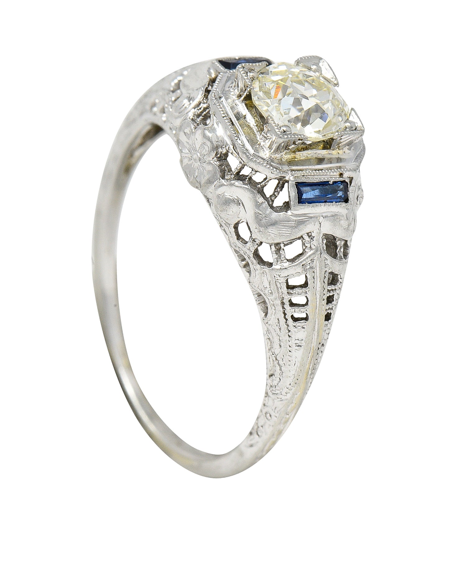 Art Deco 0.71 CTW Diamond Sapphire 18 Karat White Gold Vintage Engagement Ring