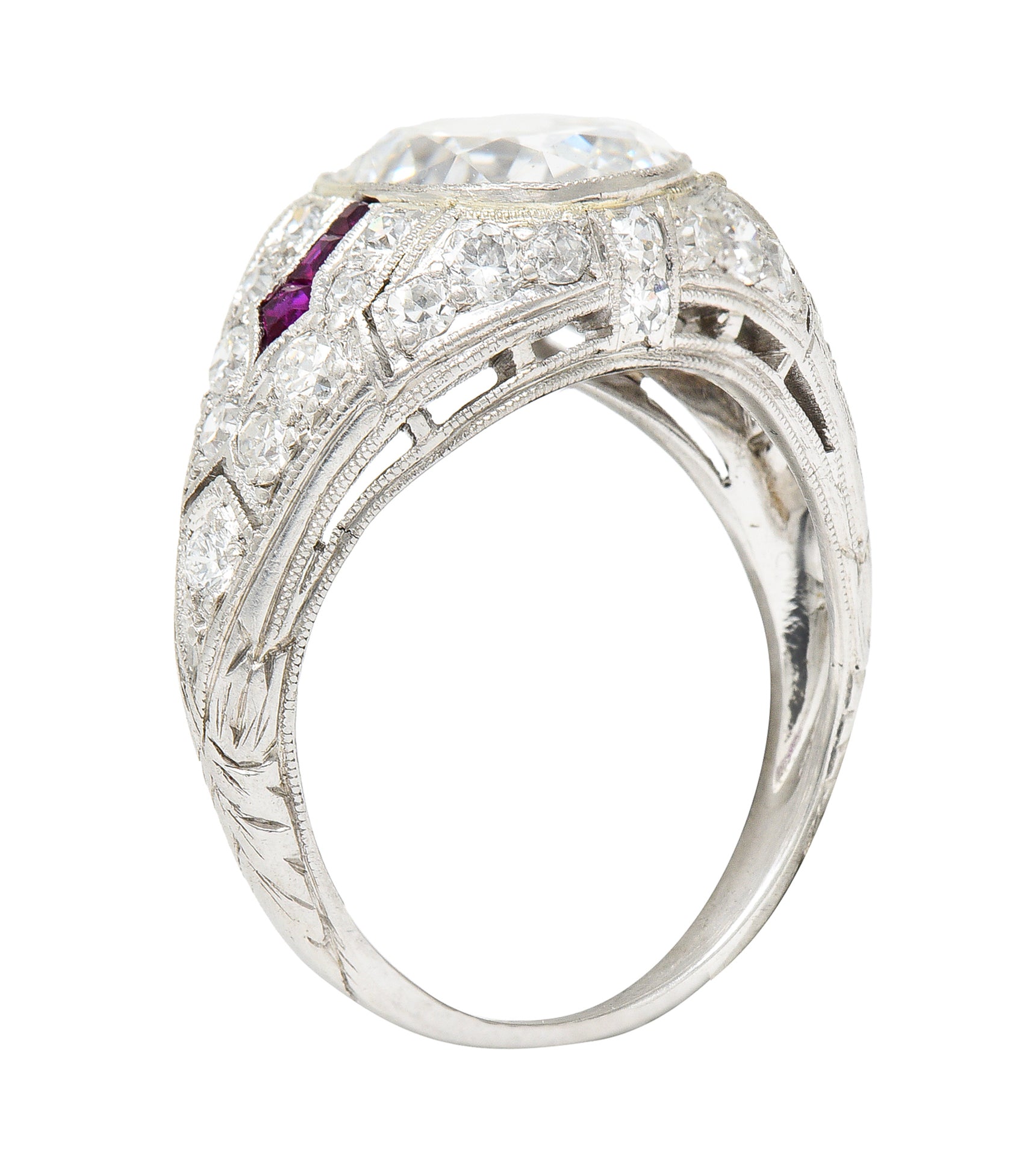 Art Deco 3.16 CTW Old Mine Cut Diamond Ruby Arrow Platinum Bombay Engagement Ring GIA Wilson's Estate Jewelry