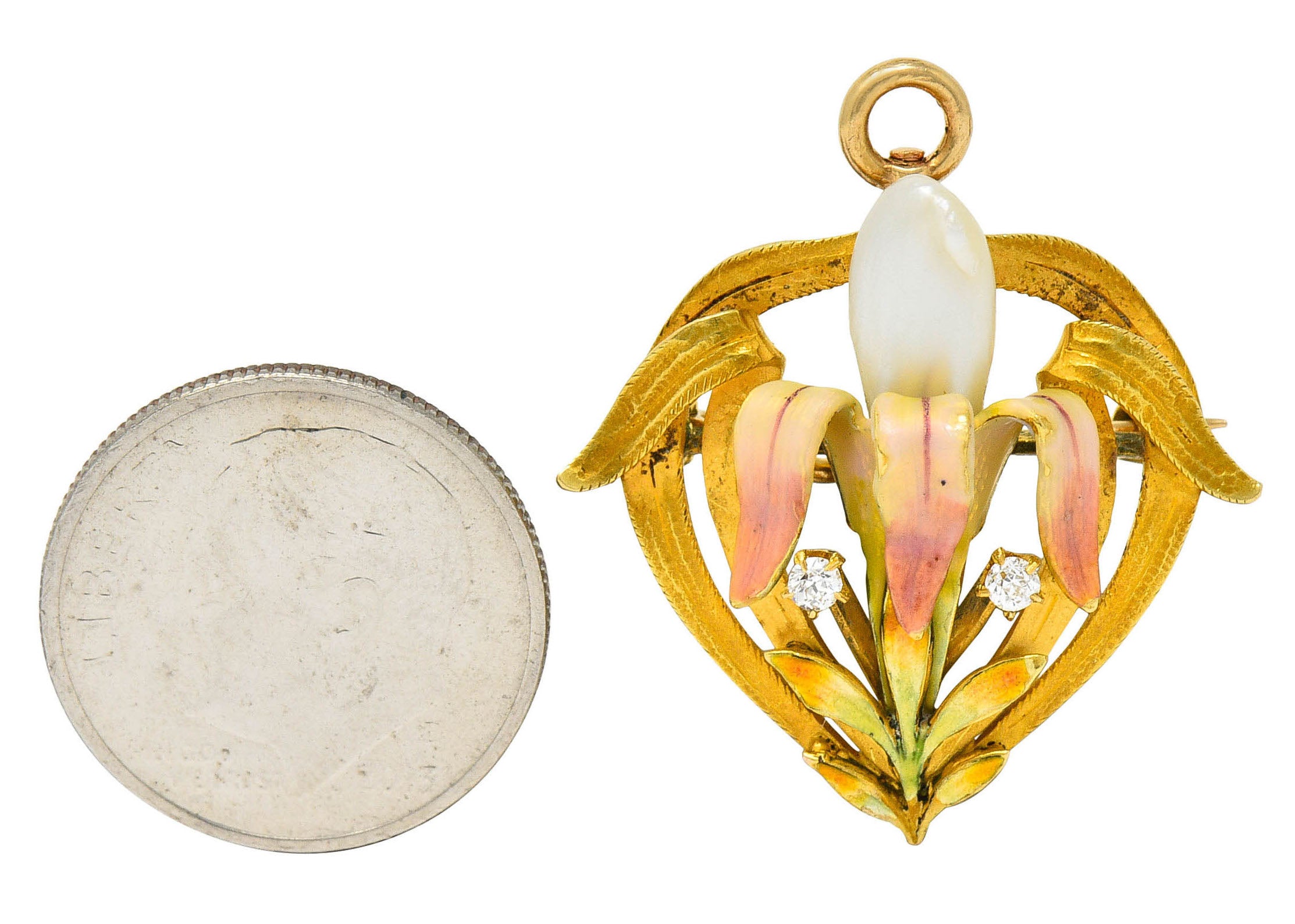 Krementz Art Nouveau Enamel Pearl 14 Karat Gold Water Lily Flower Pendant BroochBrooch - Wilson's Estate Jewelry