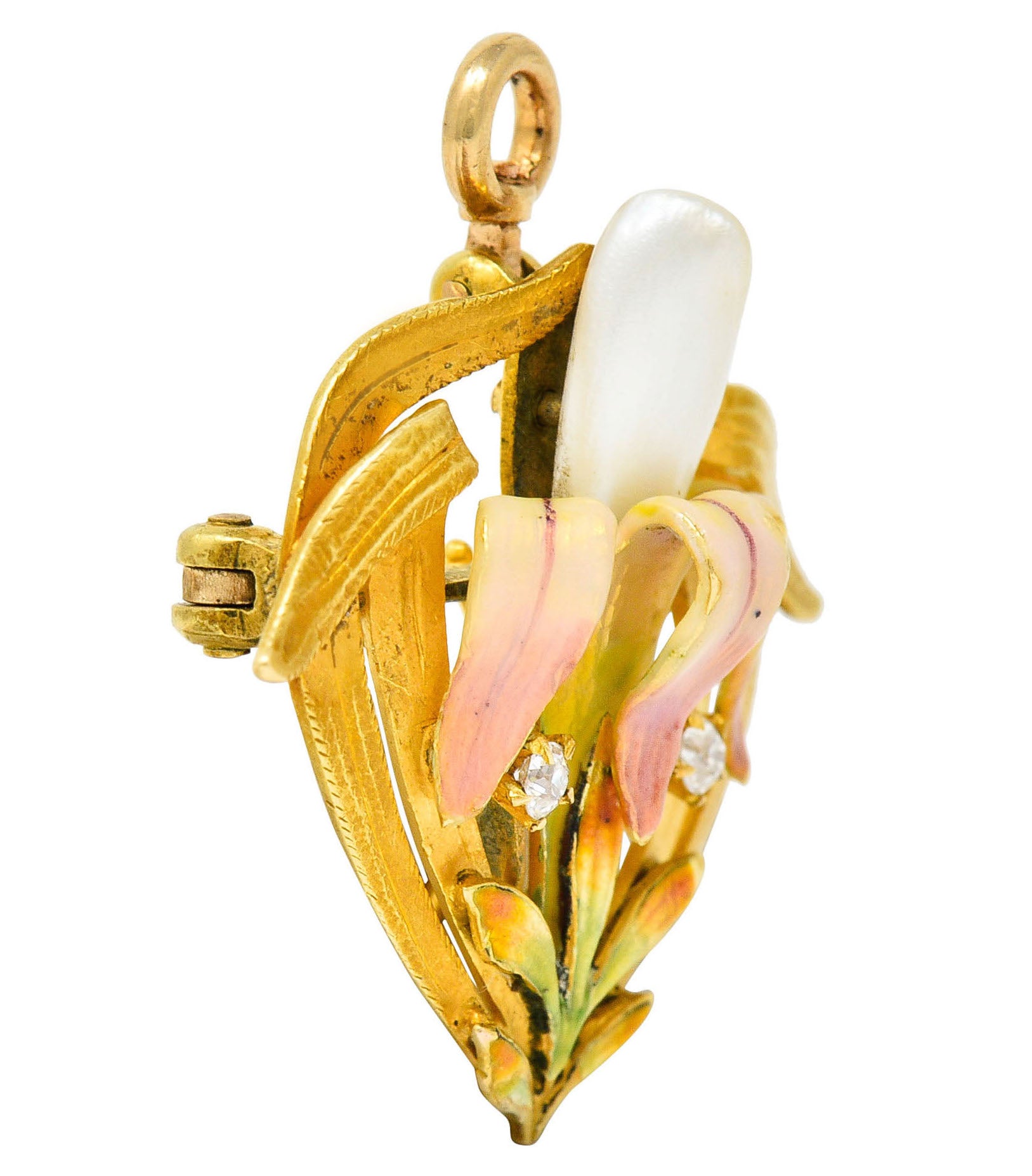 Krementz Art Nouveau Enamel Pearl 14 Karat Gold Water Lily Flower Pendant BroochBrooch - Wilson's Estate Jewelry