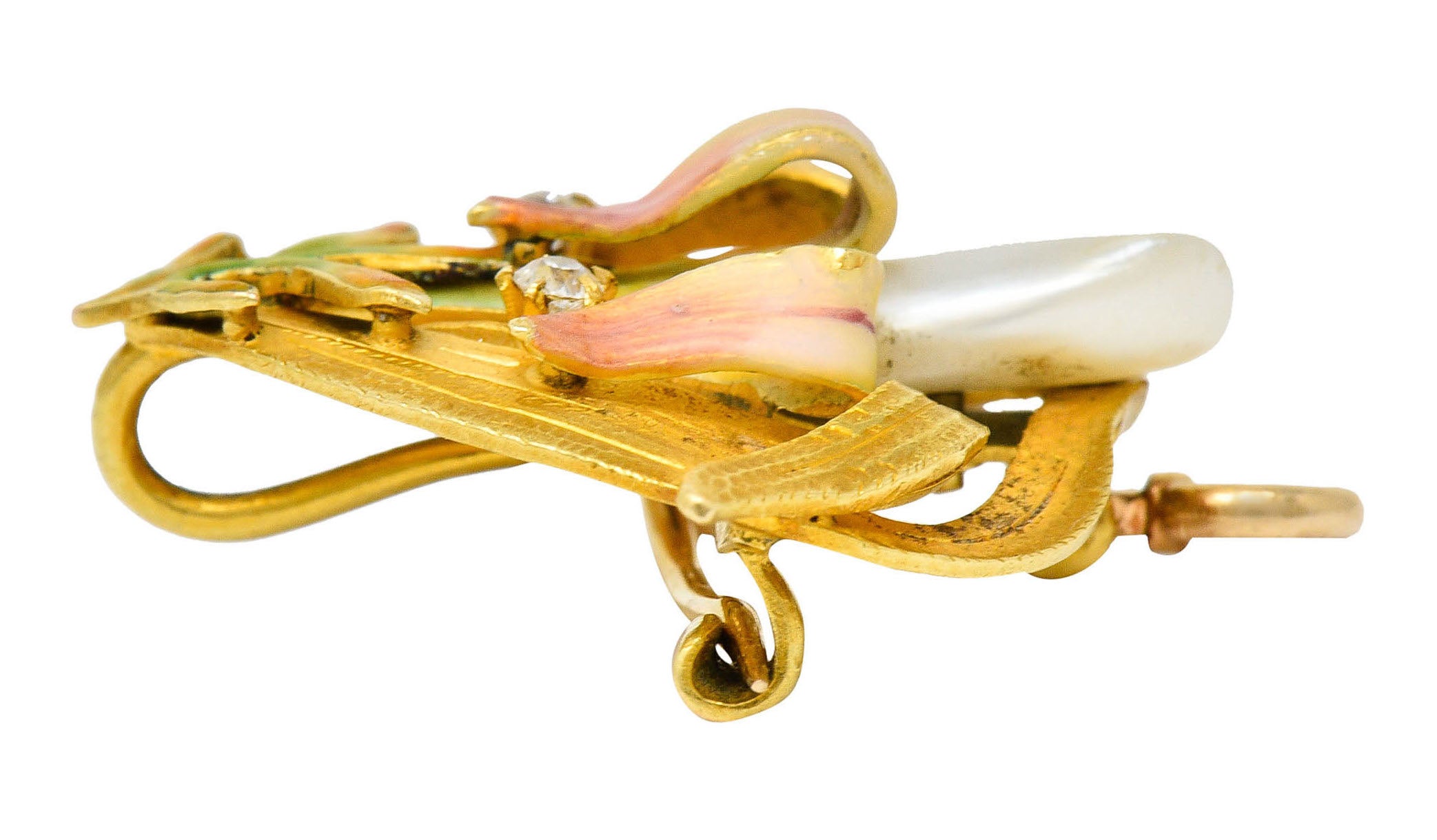 Krementz Art Nouveau Enamel Pearl 14 Karat Gold Water Lily Flower Pendant BroochBrooch - Wilson's Estate Jewelry