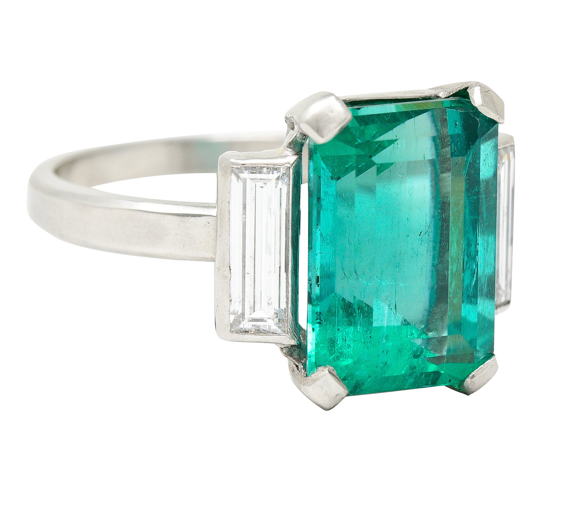 Mid-Century Modernist 6.88 CTW Columbian Emerald Baguette Cut Diamond Platinum Vintage Gemstone Ring GIA Wilson's Estate Jewelry