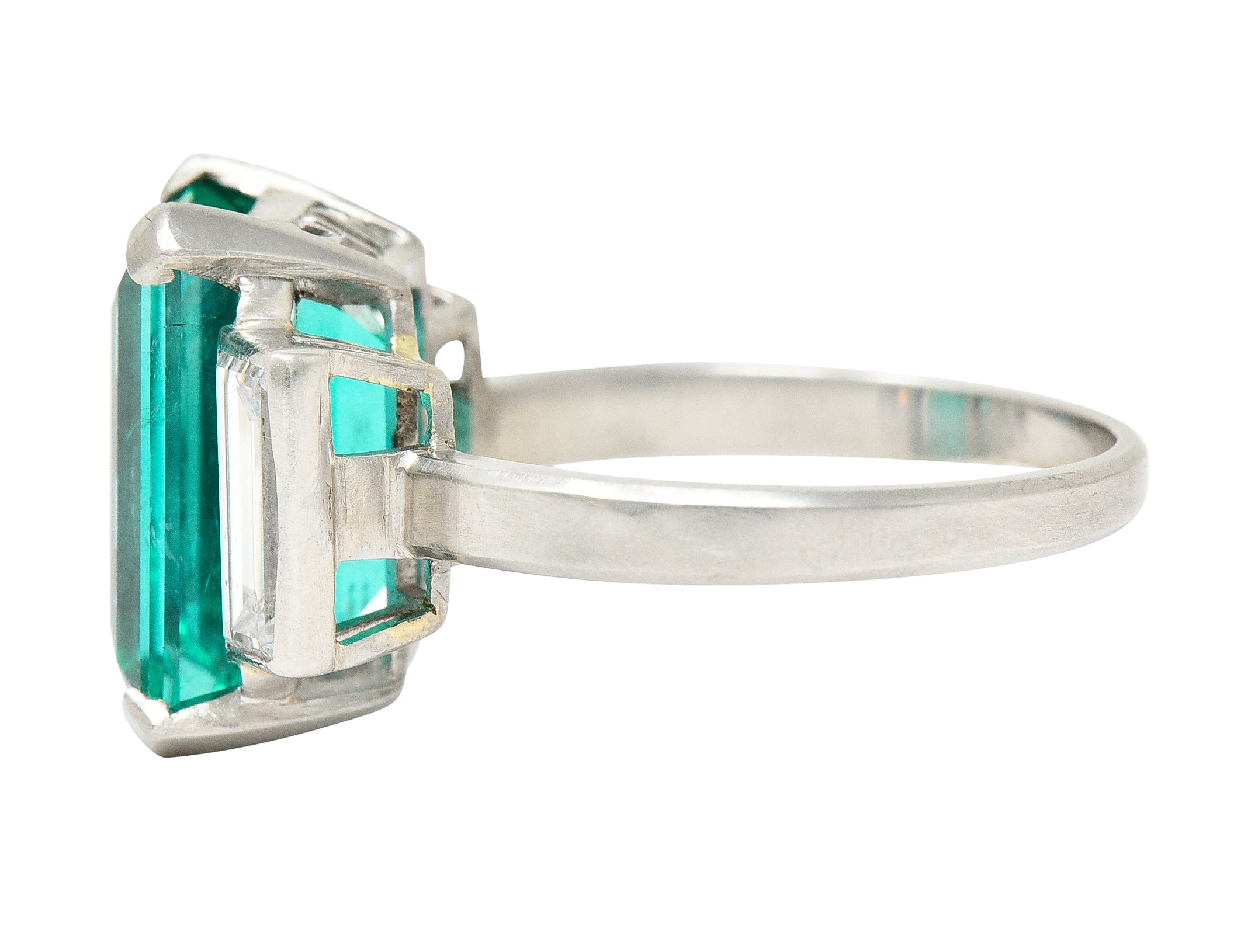 Mid-Century Modernist 6.88 CTW Columbian Emerald Baguette Cut Diamond Platinum Vintage Gemstone Ring GIA Wilson's Estate Jewelry