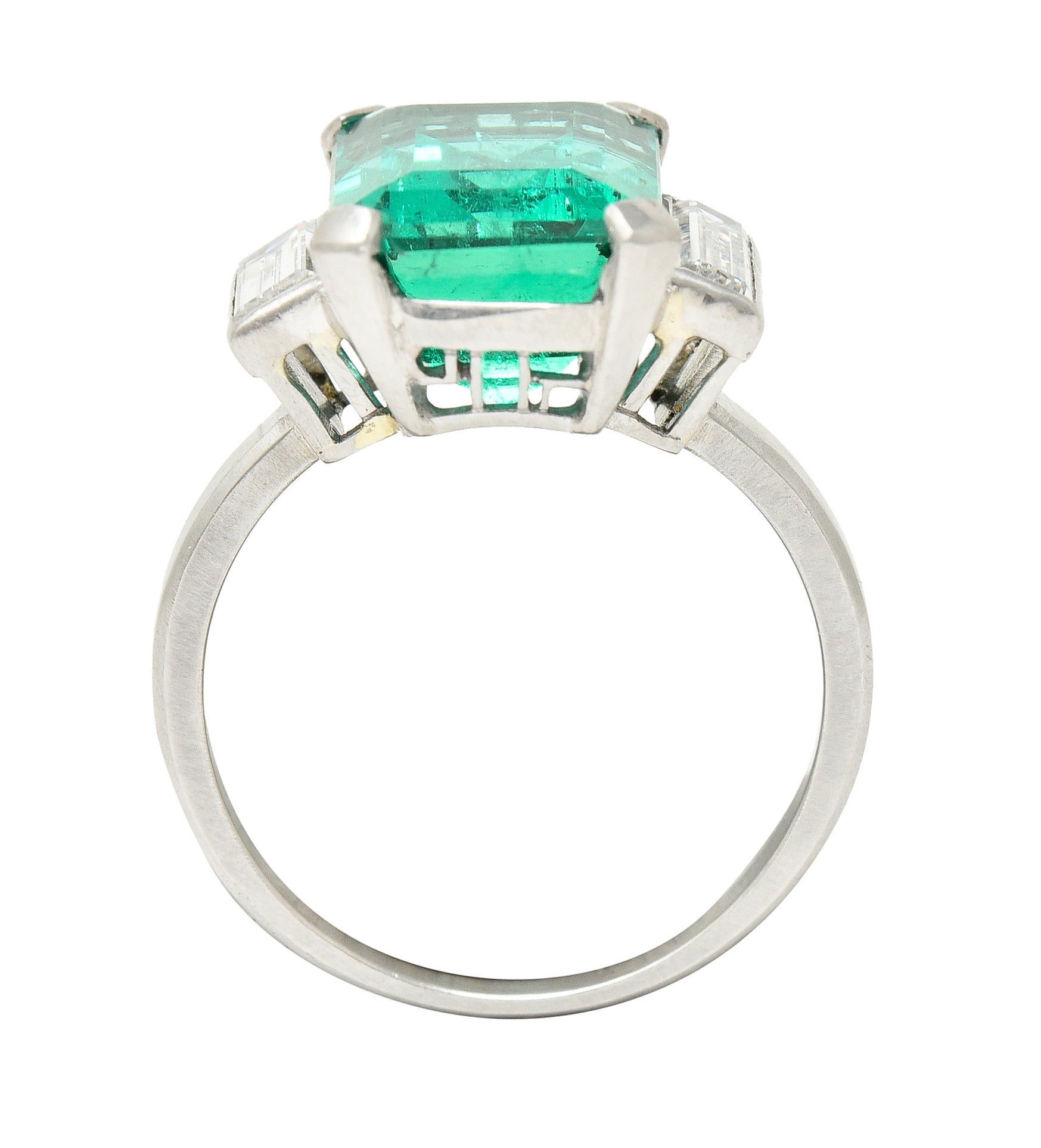 Mid-Century Modernist 6.88 CTW Columbian Emerald Baguette Cut Diamond Platinum Vintage Gemstone Ring GIA Wilson's Estate Jewelry