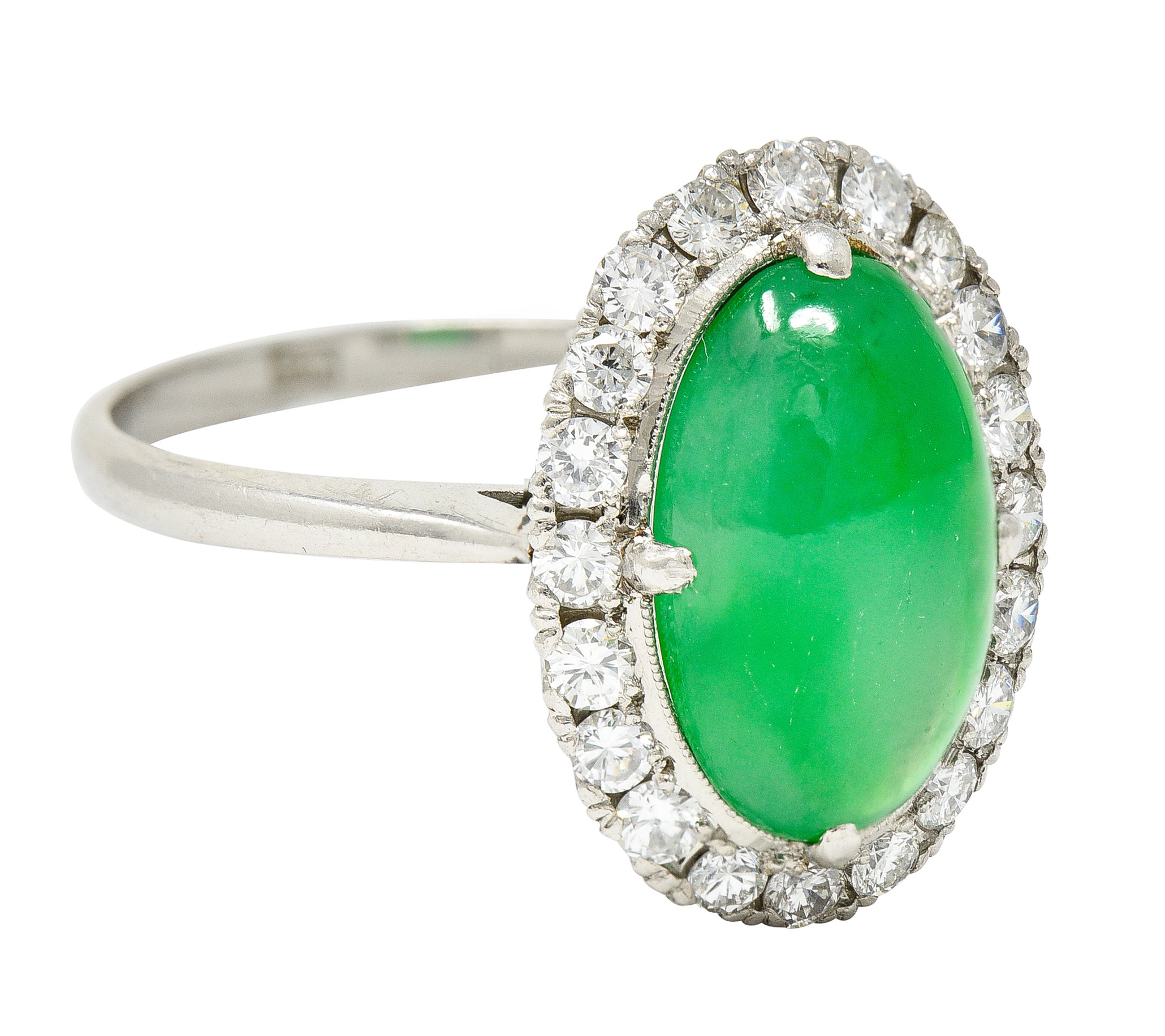 Jadeite Jade Diamond Halo Platinum Cabochon Cluster Ring GIA Wilson's Antique & Estate Jewelry