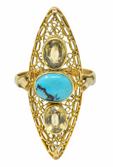 Victorian Turquoise Zircon 14 Karat Gold Navette RingRing - Wilson's Estate Jewelry