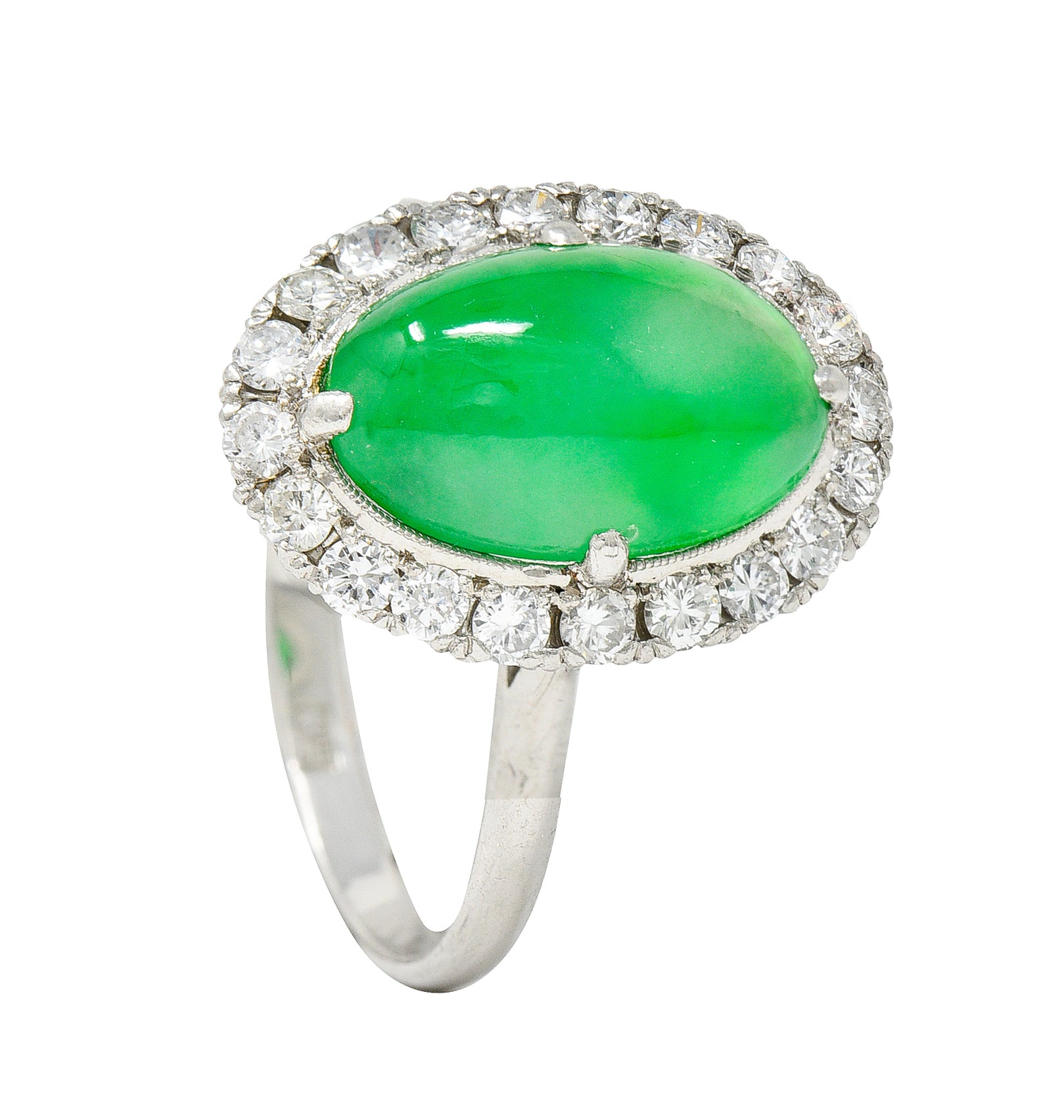 Jadeite Jade Diamond Halo Platinum Cabochon Cluster Ring GIA Wilson's Antique & Estate Jewelry