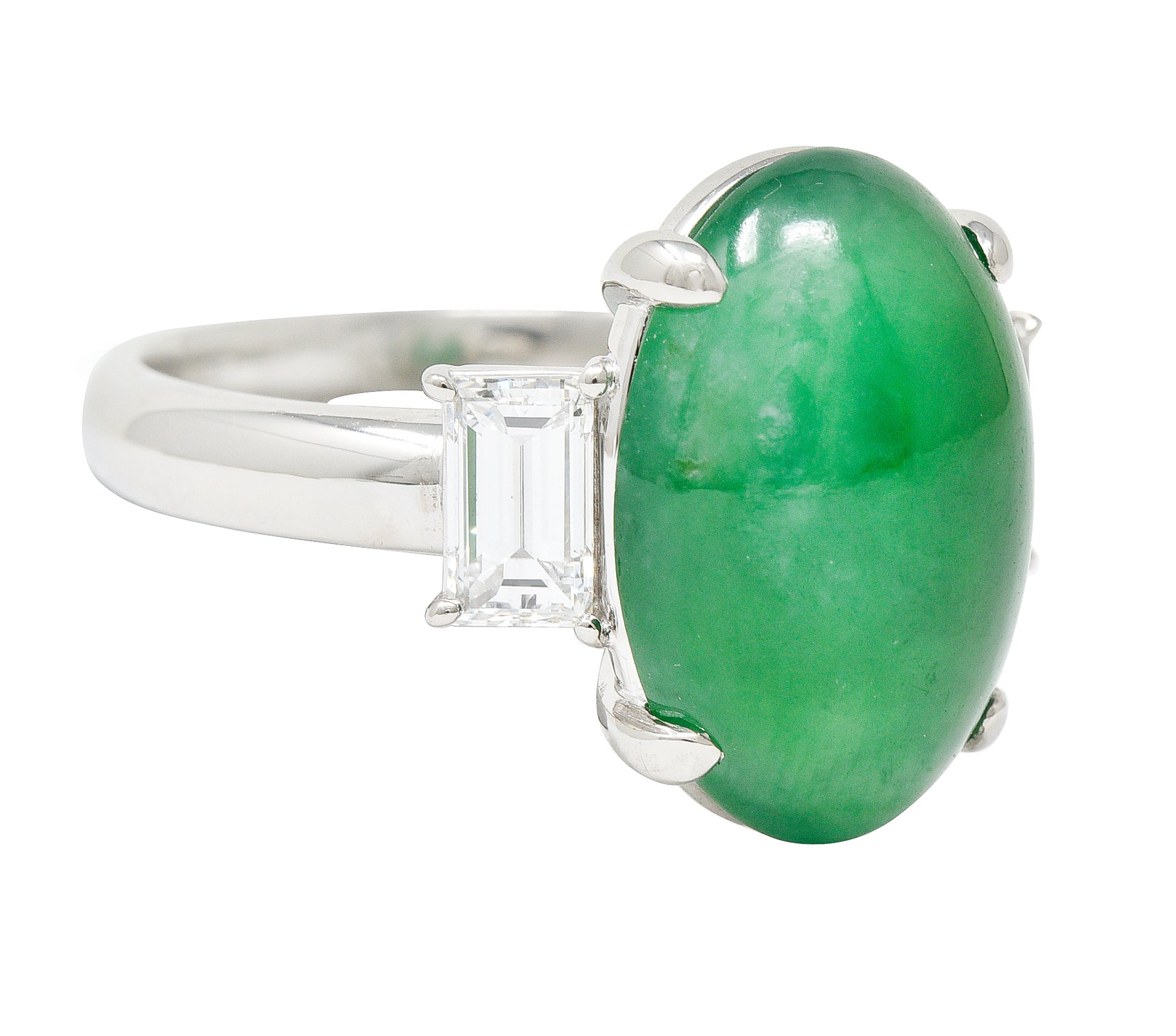 Jadeite Jade Diamond Platinum Three Stone Cabochon Ring GIA Wilson's Antique & Estate Jewelry