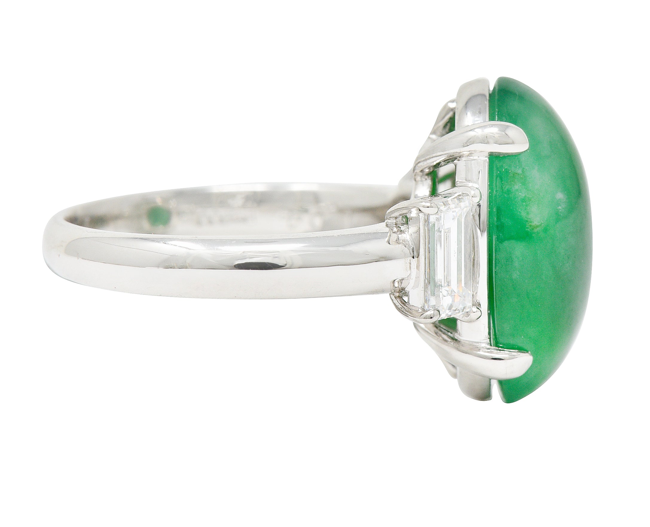 Jadeite Jade Diamond Platinum Three Stone Cabochon Ring GIA Wilson's Antique & Estate Jewelry